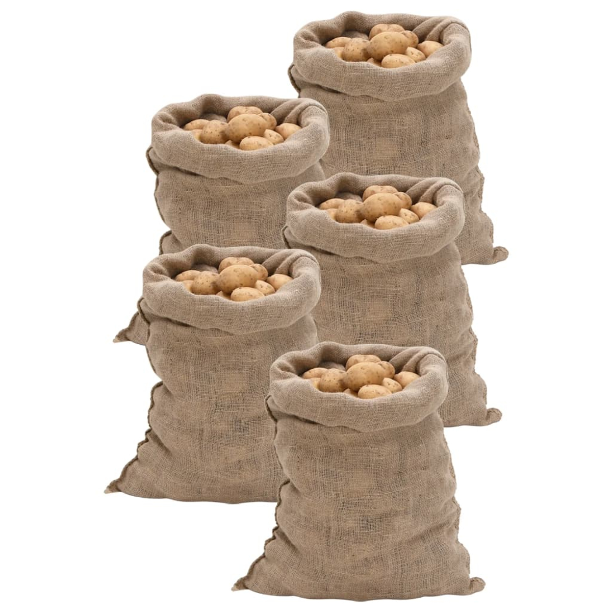 Fünf Säcke mit Kartoffeln auf weißem Hintergrund.