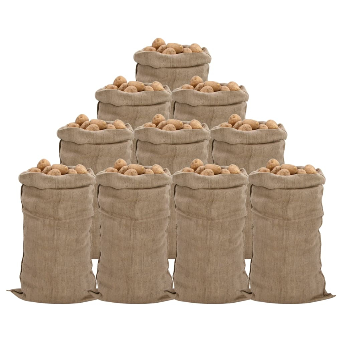 Mehrere Jutesäcke, gefüllt mit Kartoffeln, sind pyramidenförmig gestapelt.