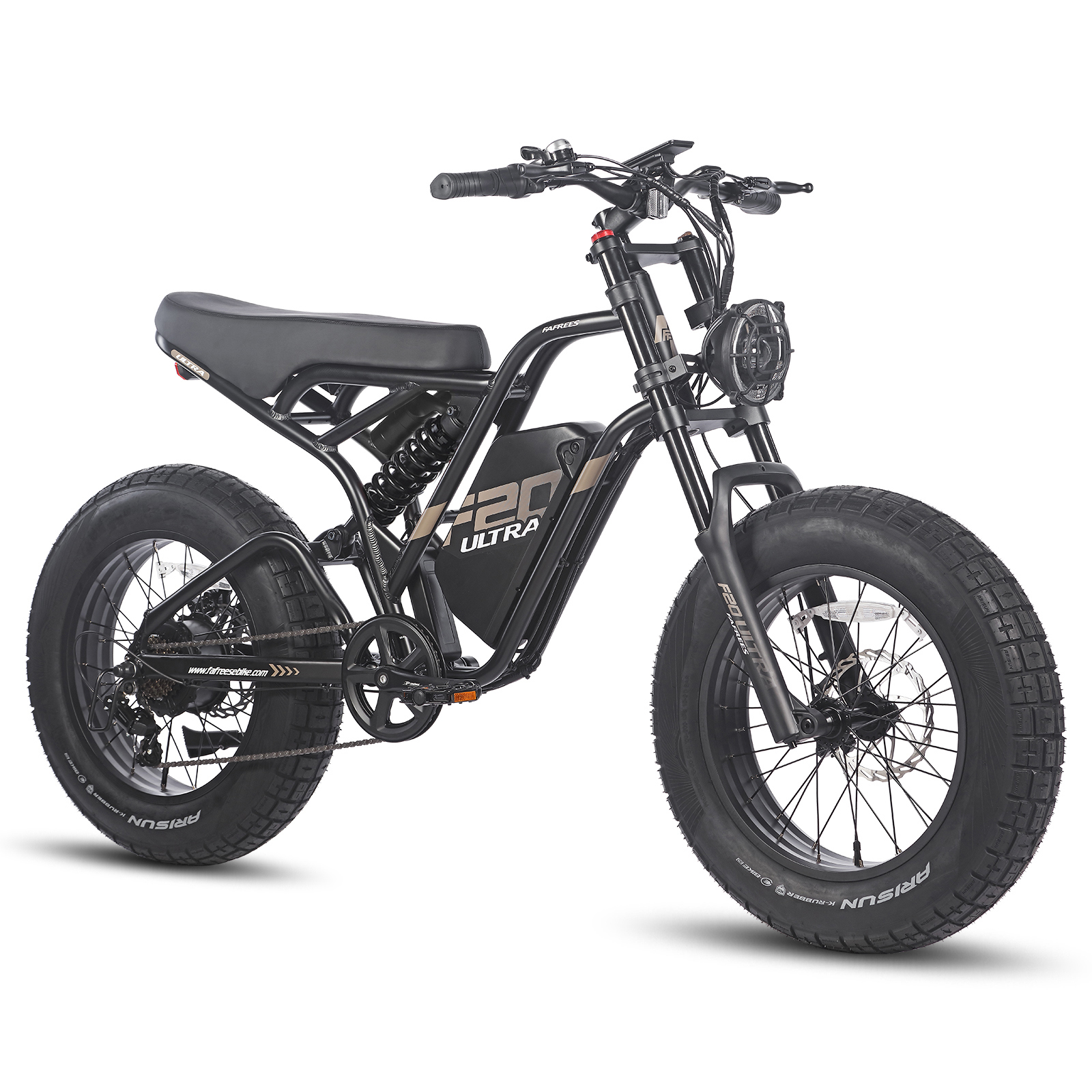Bicicleta eléctrica negra con neumáticos anchos, suspensión y faro LED.