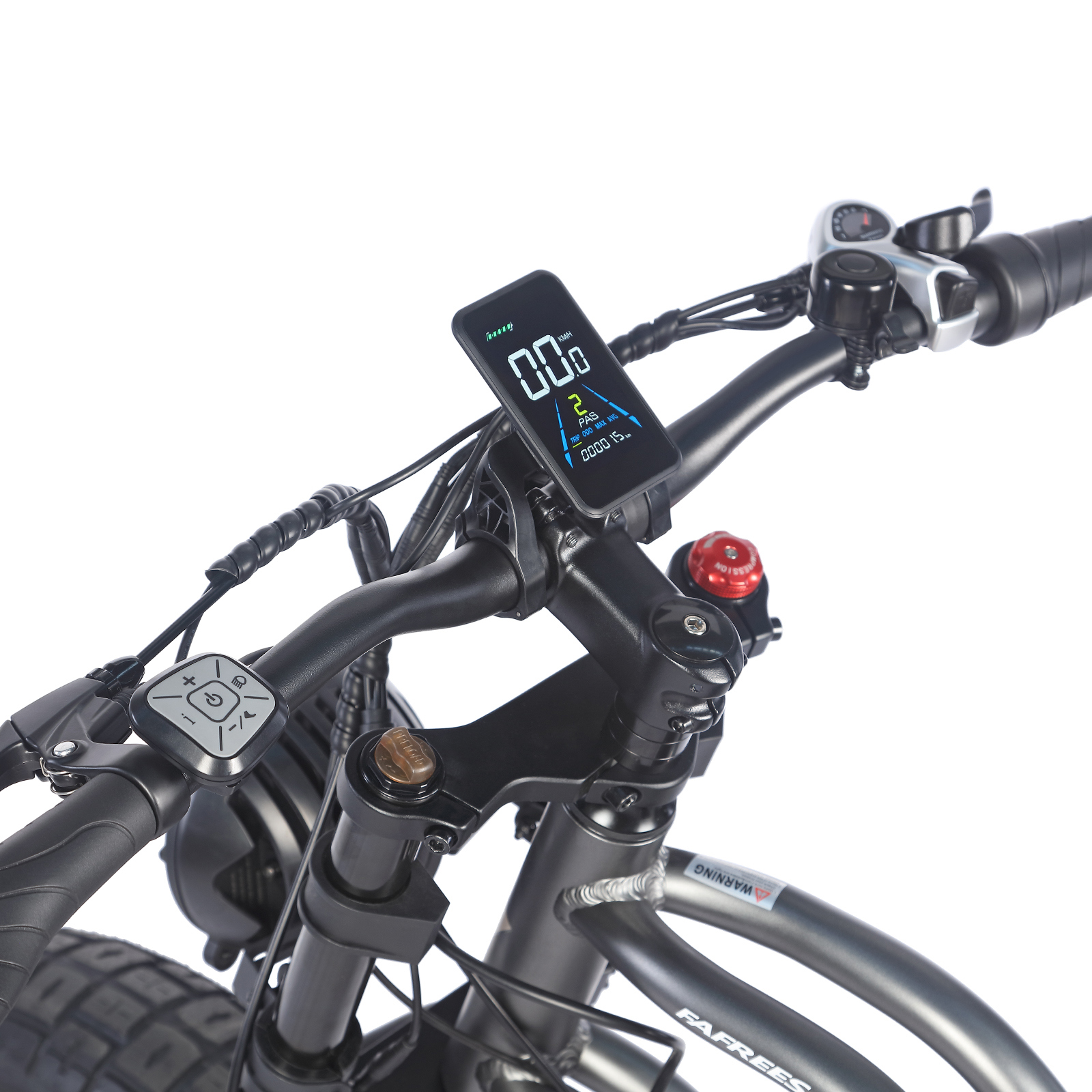 Manillar de e-bike con pantalla digital que muestra velocidad, nivel PAS y datos de viaje. Incluye controles.