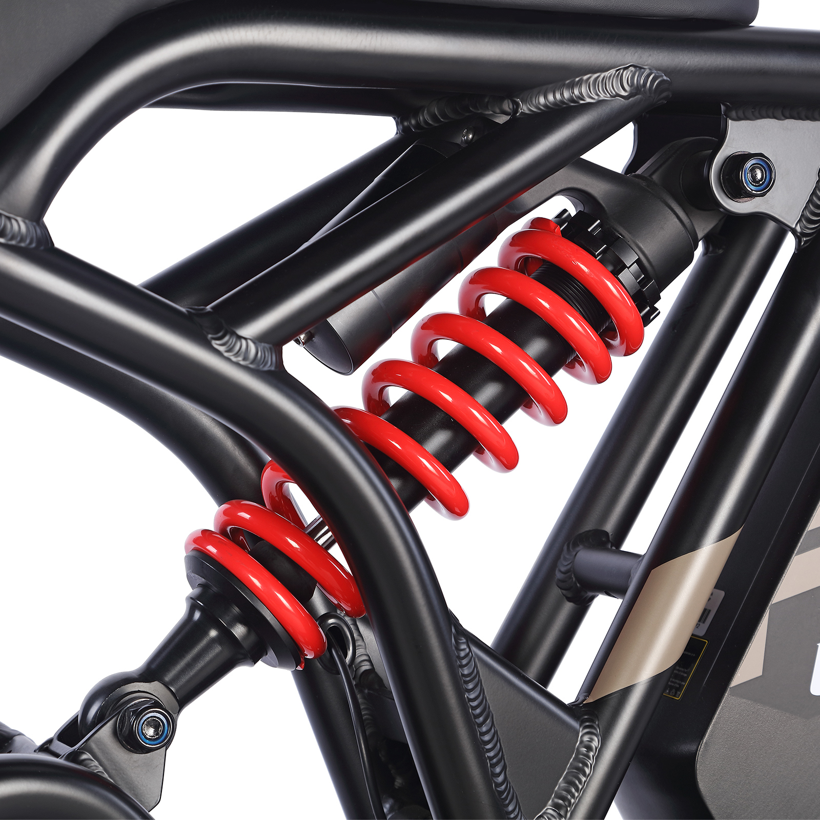 Primer plano del cuadro de bicicleta negro con resortes de amortiguador rojos.