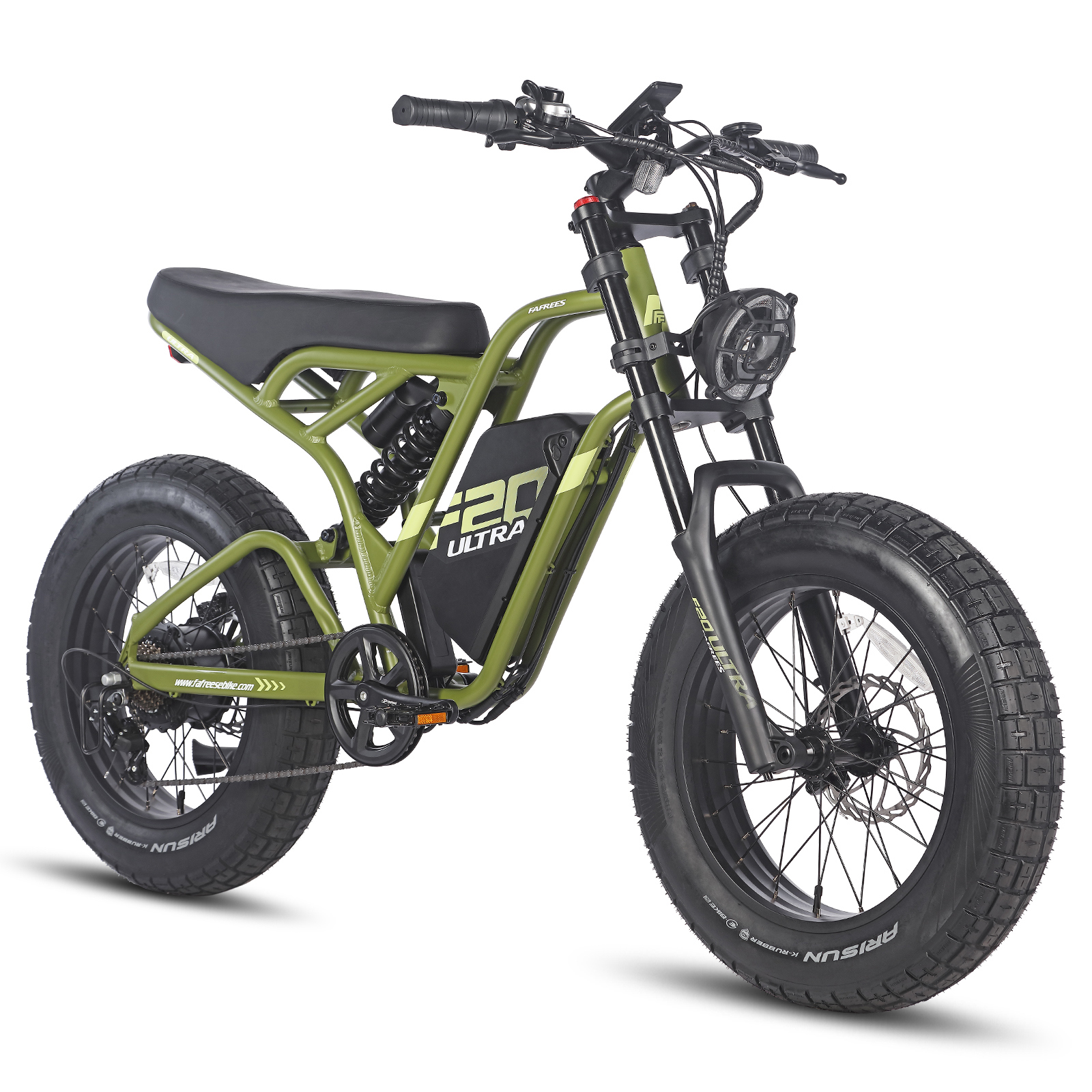 Bicicleta eléctrica verde con neumáticos anchos, suspensión y faro.