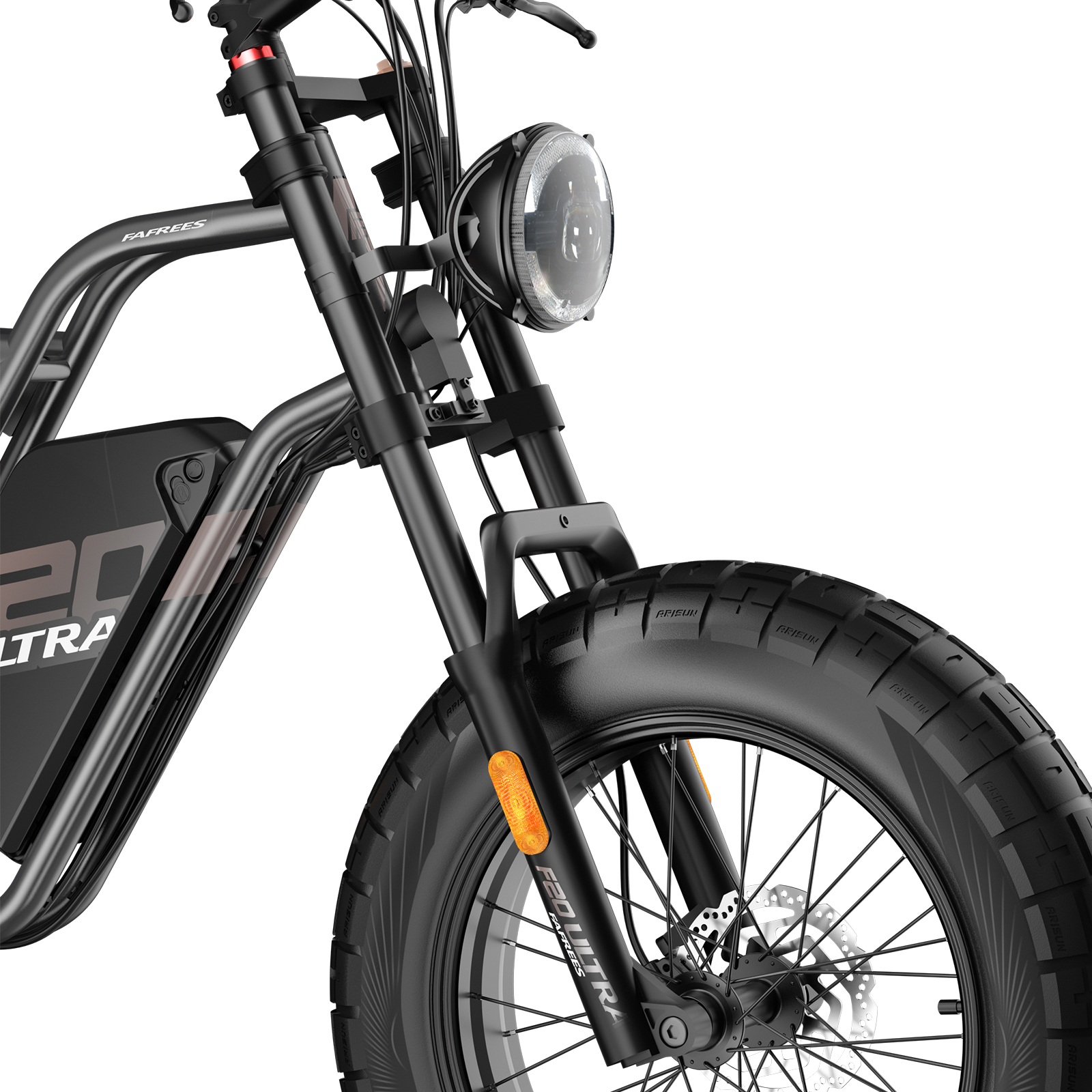 Vista frontal de una e-bike negra con faro redondo y neumático ancho.