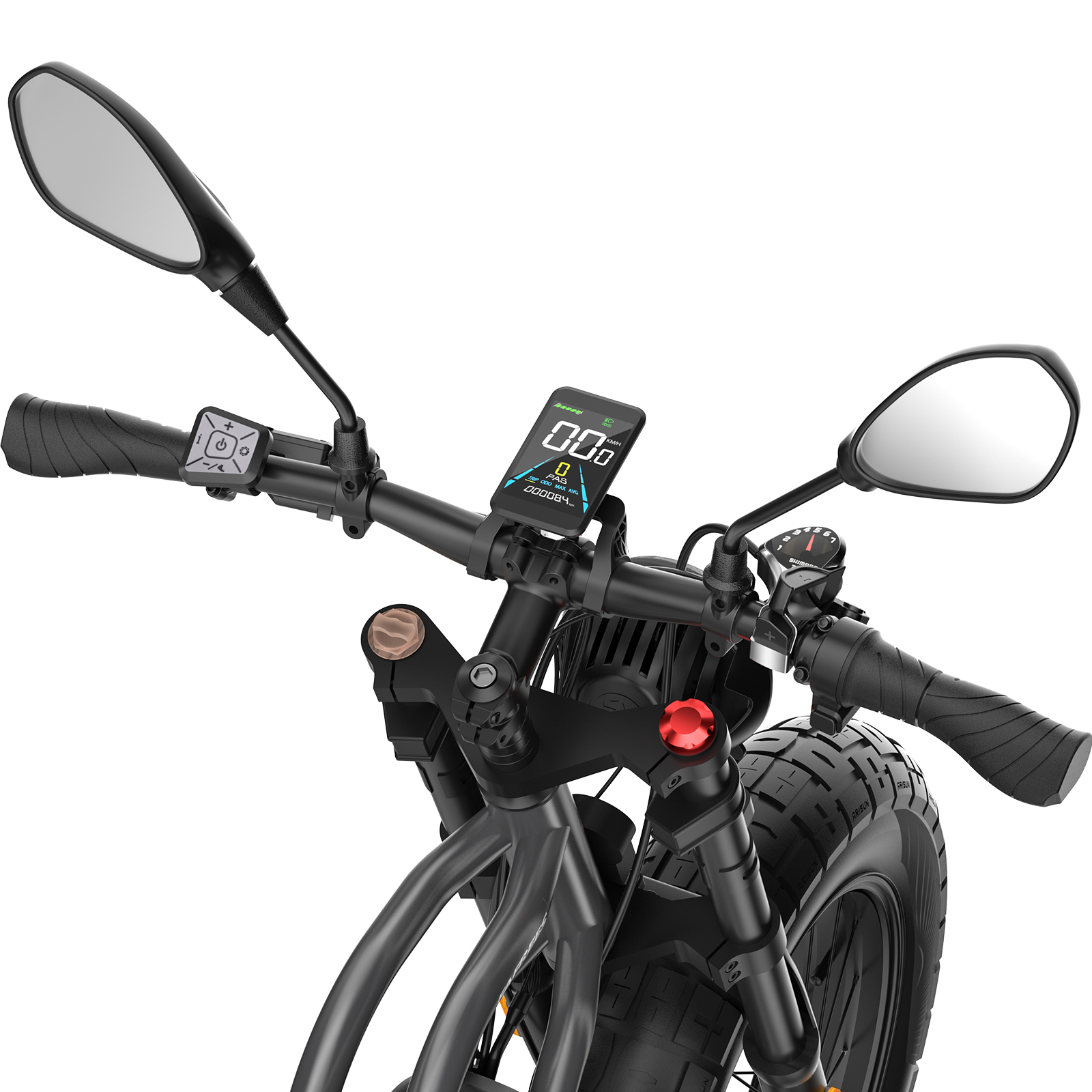 Vista de cerca del manillar de una bicicleta eléctrica con espejos, pantalla y puños.