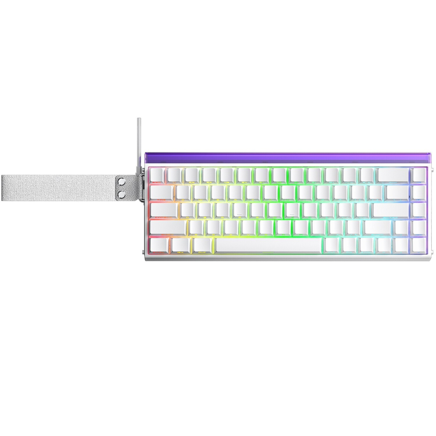 RGB aydınlatmalı ve mor kenarlıklı beyaz klavye.