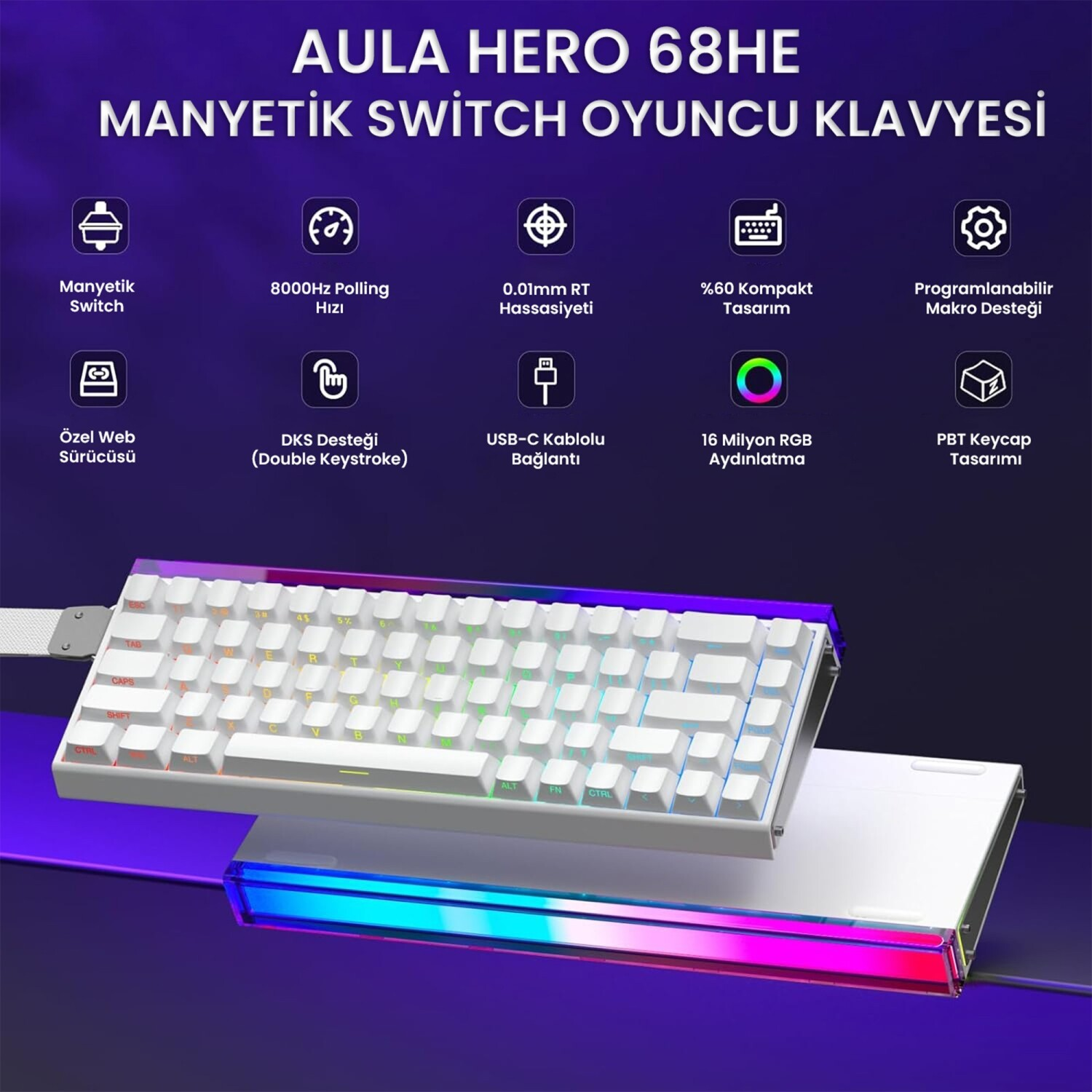 RGB aydınlatmalı beyaz mekanik klavye, 8000Hz yoklama hızı, kompakt tasarım ve USB-C özellikli.