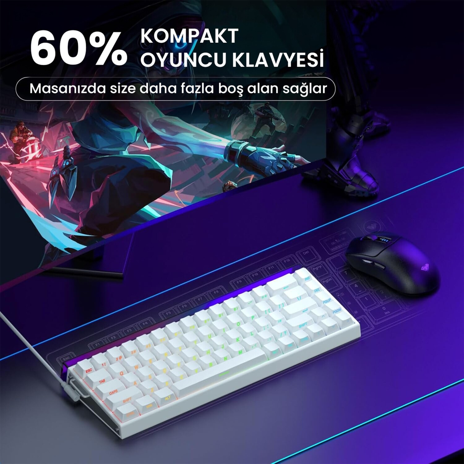 Mor bir mat üzerinde beyaz oyuncu klavyesi ve siyah fare.
