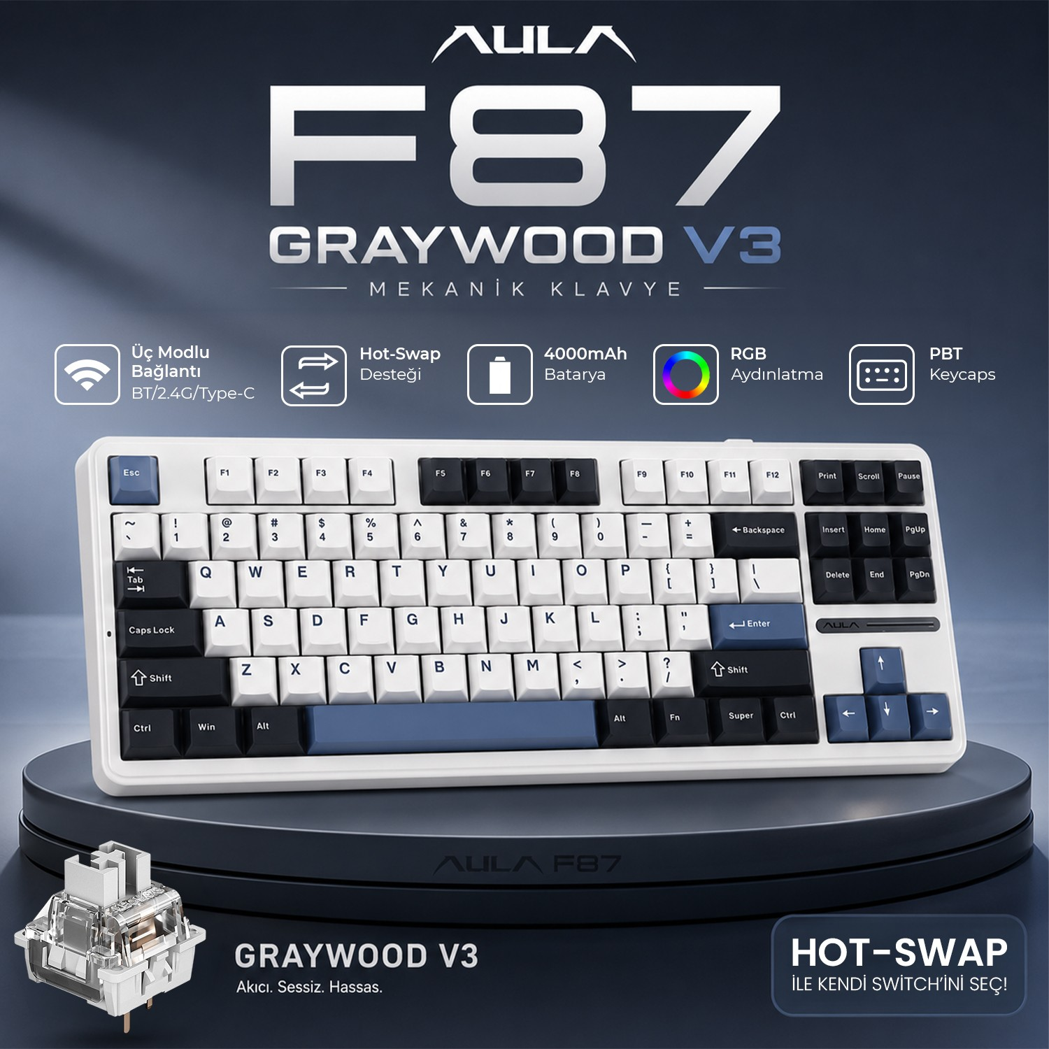 RGB aydınlatmalı ve mavi vurgulu tuşlara sahip beyaz AULA F87 Graywood V3 mekanik klavye.