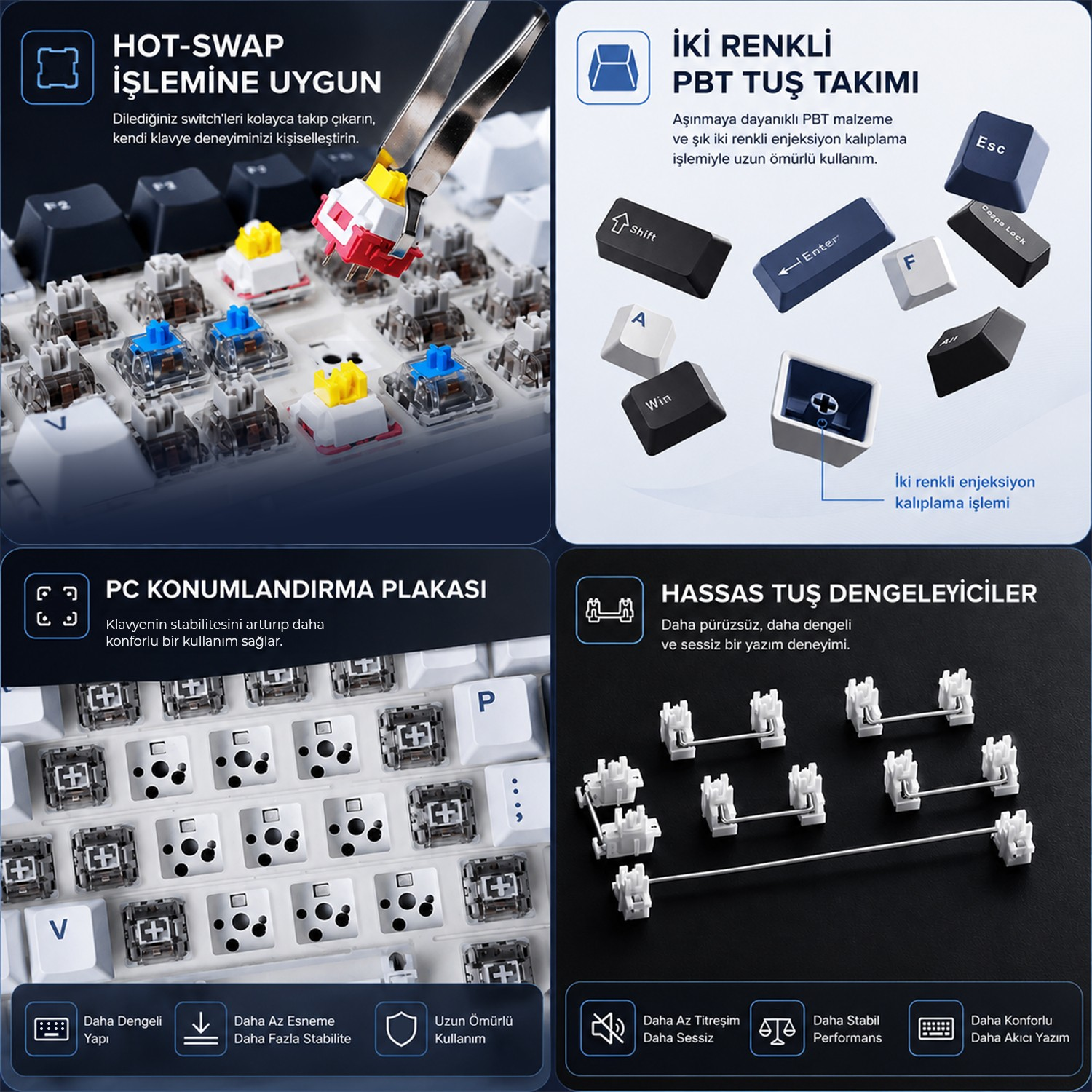 Hot-swap özellikli klavye düzeni, PBT tuş başlıkları, montaj plakası ve dengeleyiciler.