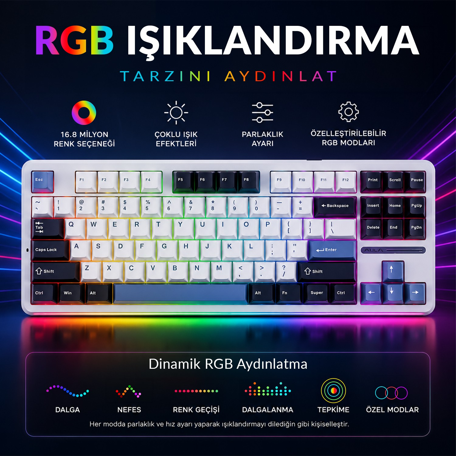 Tuşlarda Türkçe karakterler bulunan beyaz RGB aydınlatmalı klavye.