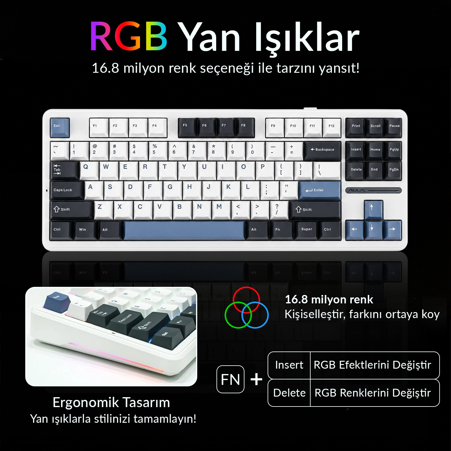 16,8 milyon renk ve ergonomik tasarıma sahip RGB yan aydınlatmalı klavye.