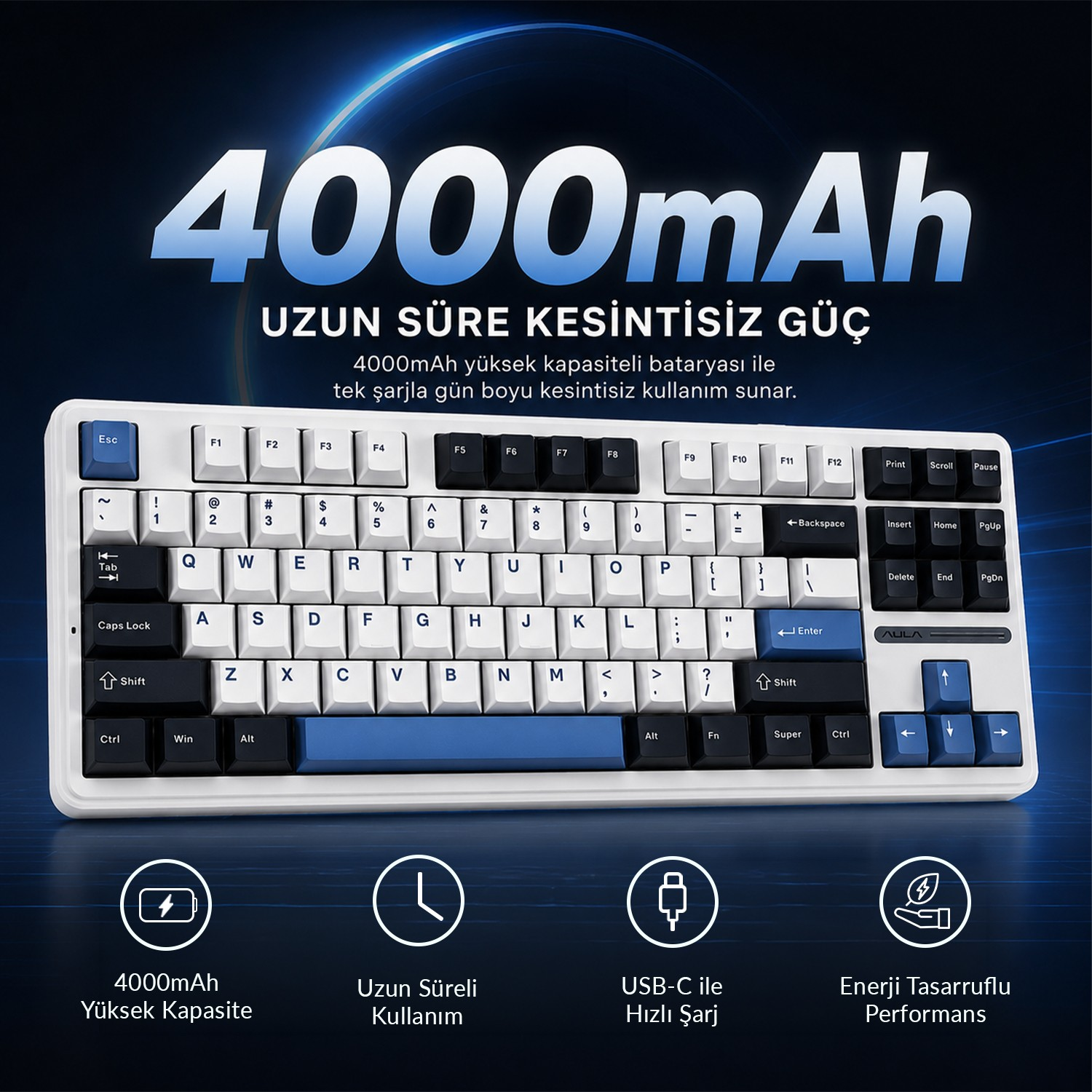 Mavi vurgulara sahip beyaz klavye ve 4000mAh pil ömrünü vurgulayan metin.