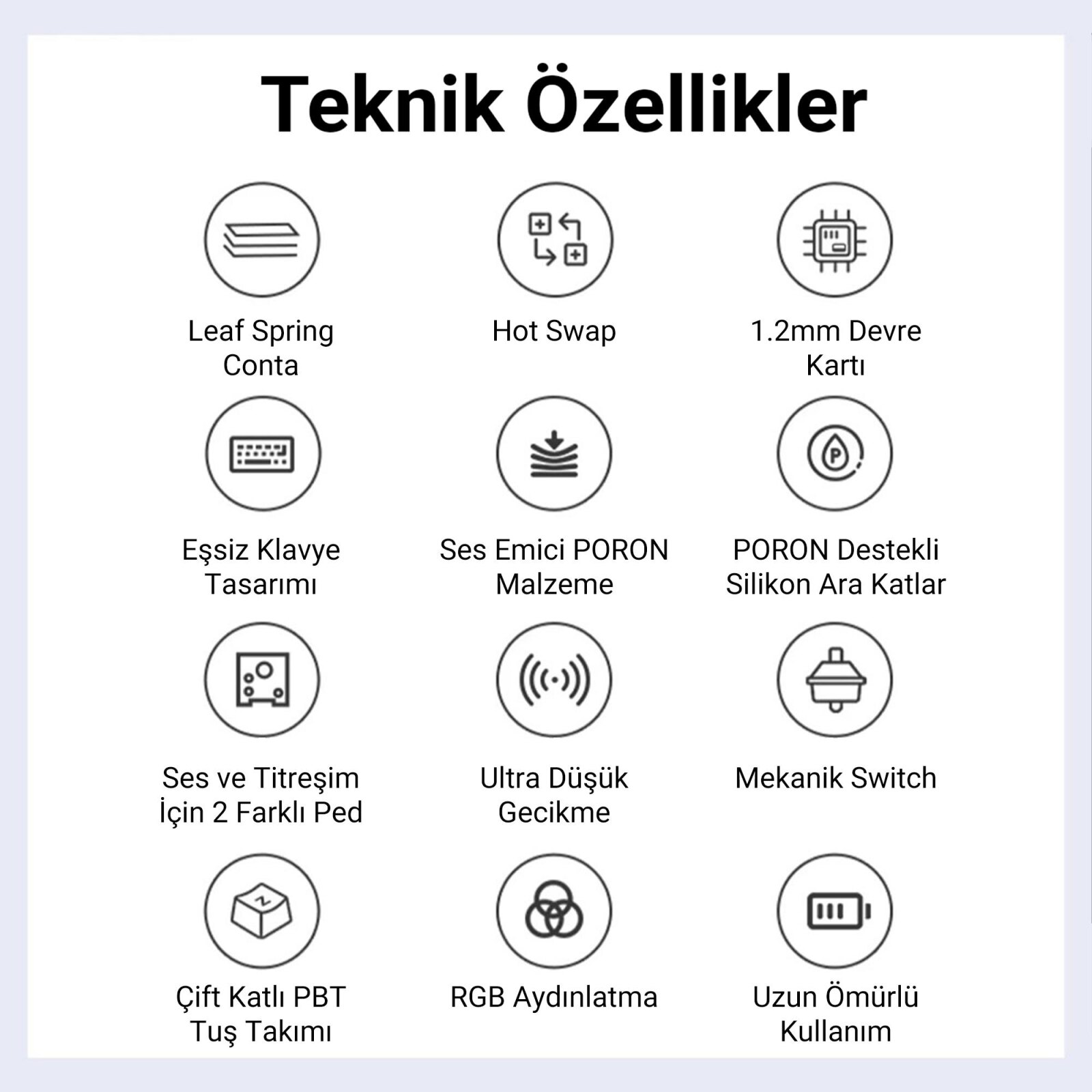 Klavye özellikleri için 12 simgeli grafik: Yaprak yay, Hot Swap, 1,2 mm PCB, benzersiz tasarım, PORON köpük, silikon katmanlar.