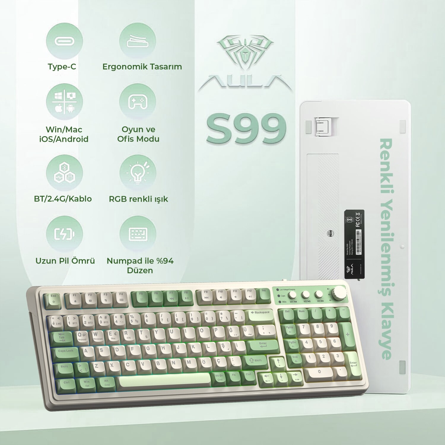 RGB aydınlatmalı ve sayısal tuş takımına sahip beyaz ve yeşil kablosuz oyuncu klavyesi.