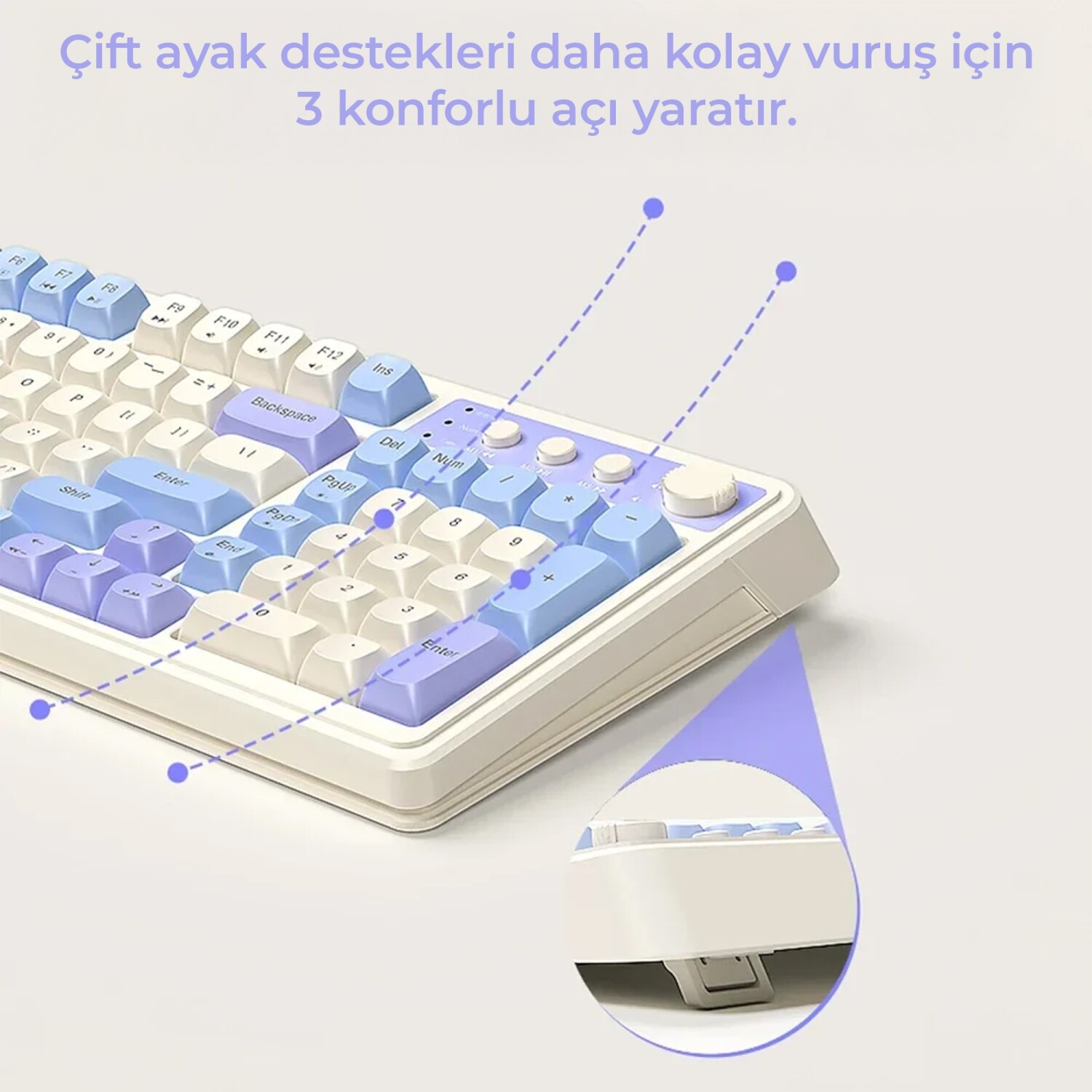 Üç açı için katlanabilir destekleri olan mavi ve mor tuşlu klavye.