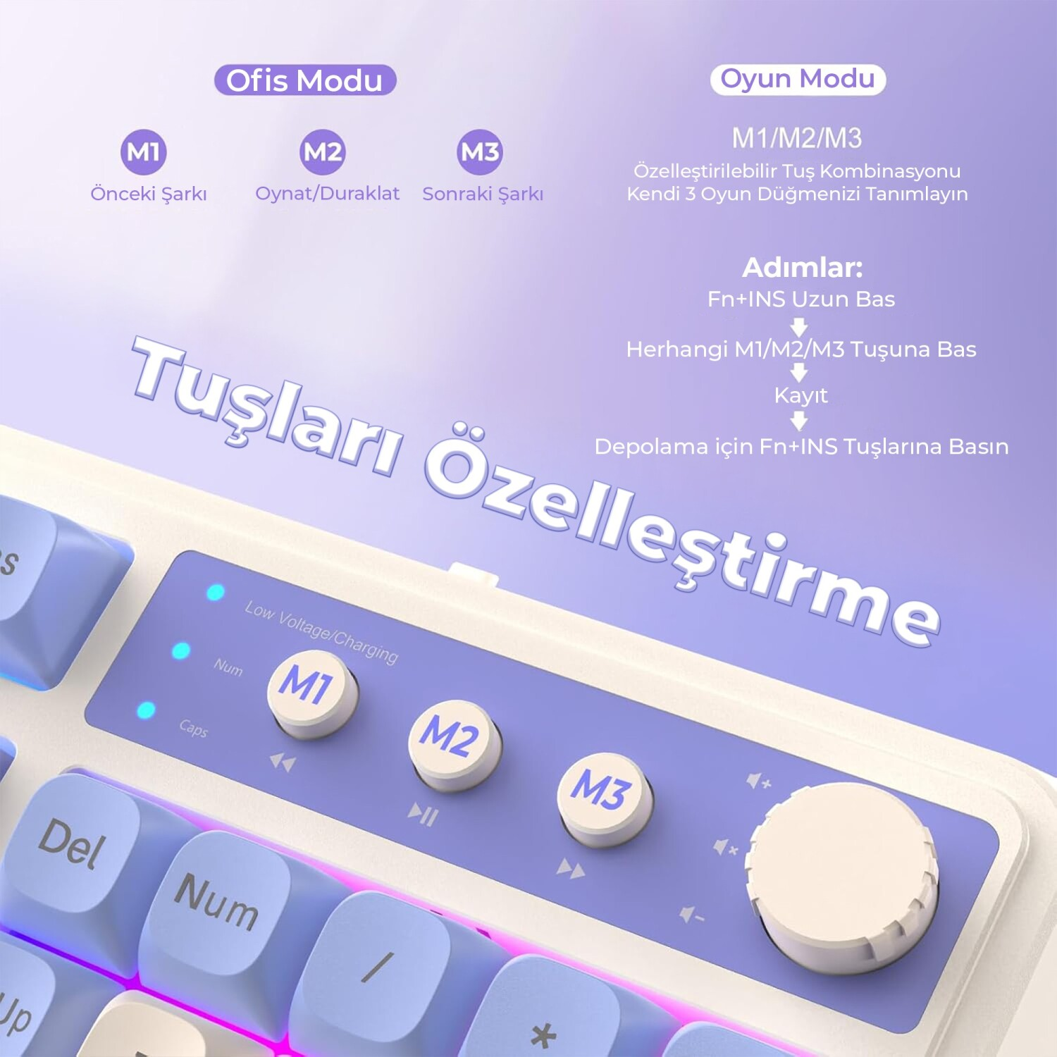 Ofis ve oyun modları için üç M tuşlu (M1, M2, M3) klavye.