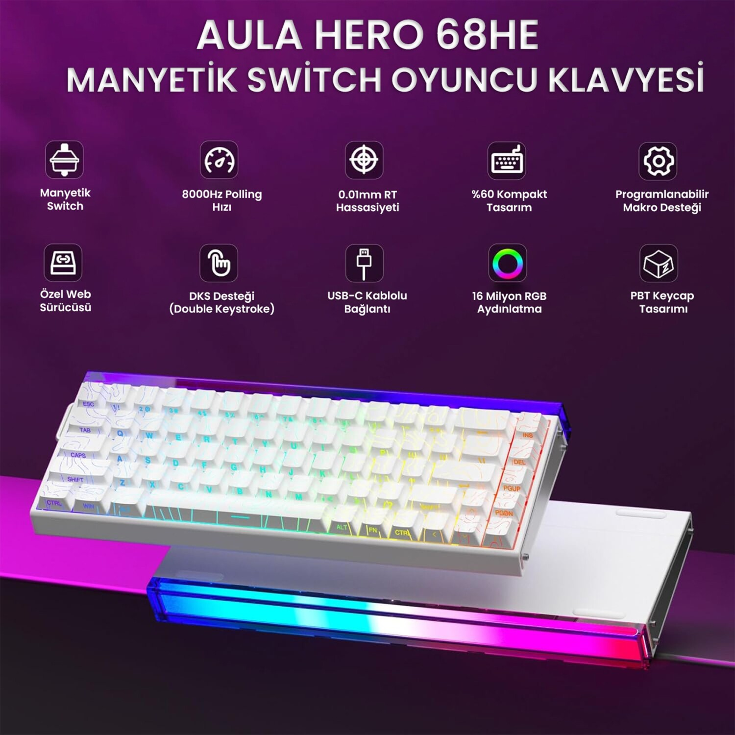 RGB aydınlatmalı ve Türkçe tuş takımlı beyaz klavye.