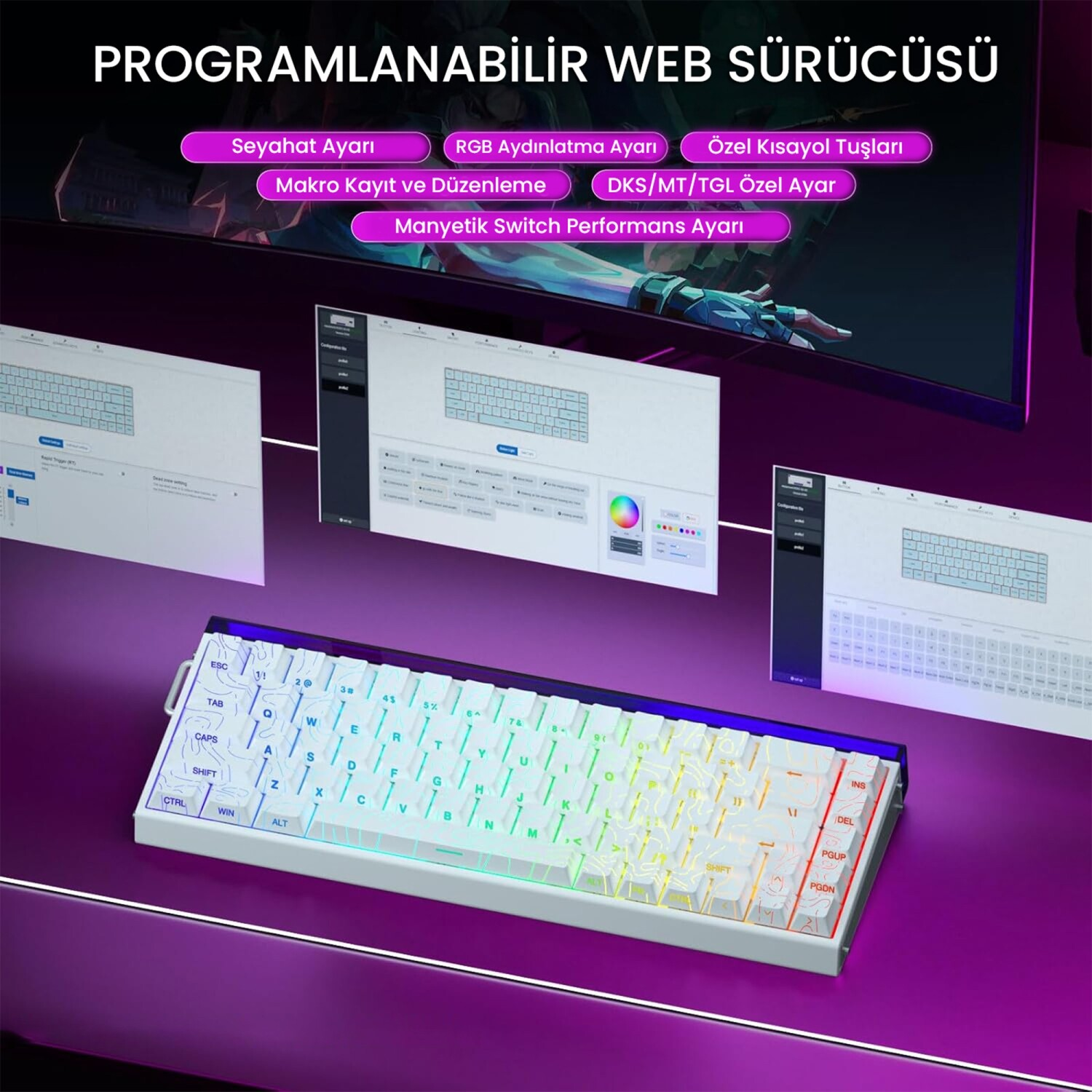 RGB aydınlatmalı ve ayar menüleri gösterilen programlanabilir klavye.
