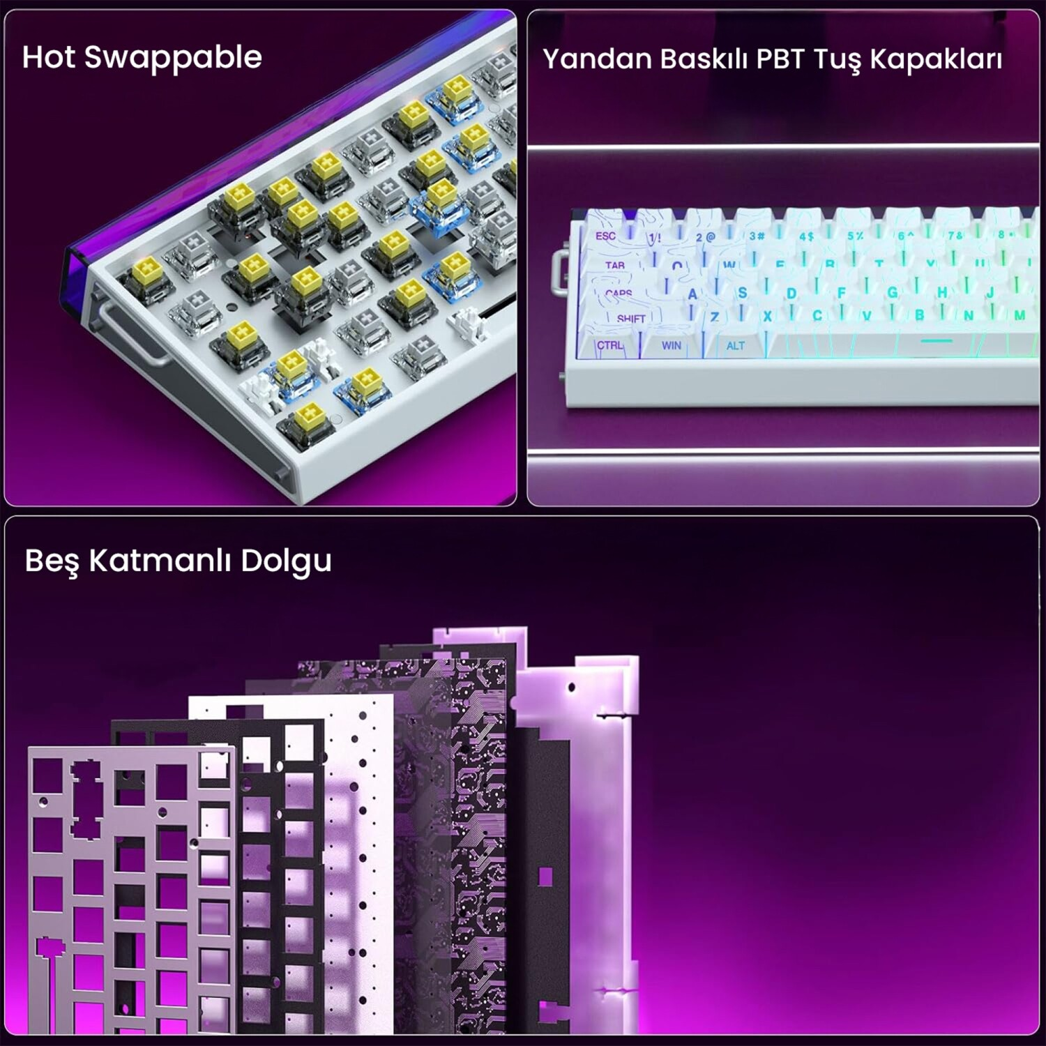 Mekanik klavye bileşenleri: Hot-swappable switchler, PBT tuş kapakları, katmanlı yapı.
