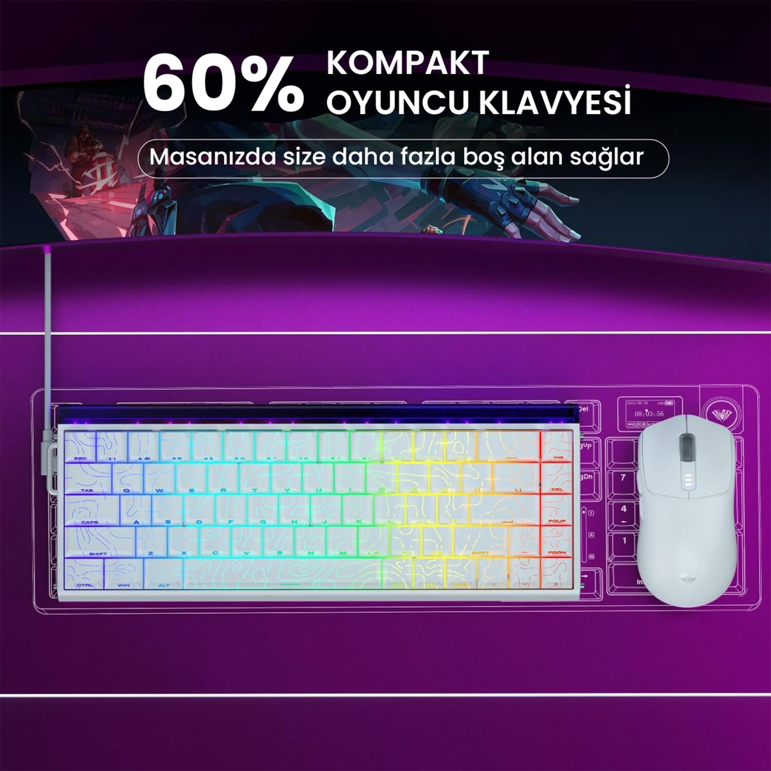 Mor bir mat üzerinde beyaz, %60 kompakt oyuncu klavyesi ve fare.