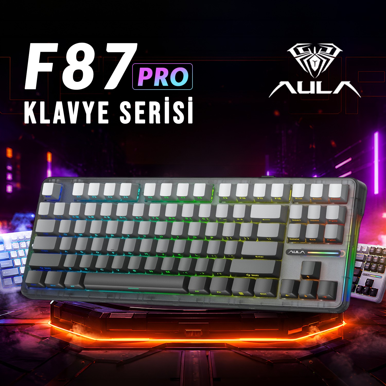RGB aydınlatmalı mekanik oyuncu klavyesi bilim kurgu podyumu üzerinde duruyor.