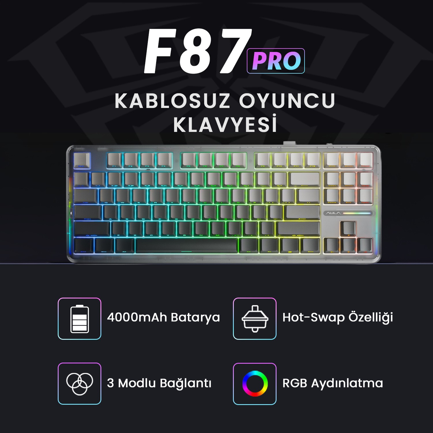RGB aydınlatmalı, 4000mAh bataryalı, hot-swap özellikli kablosuz oyuncu klavyesi.