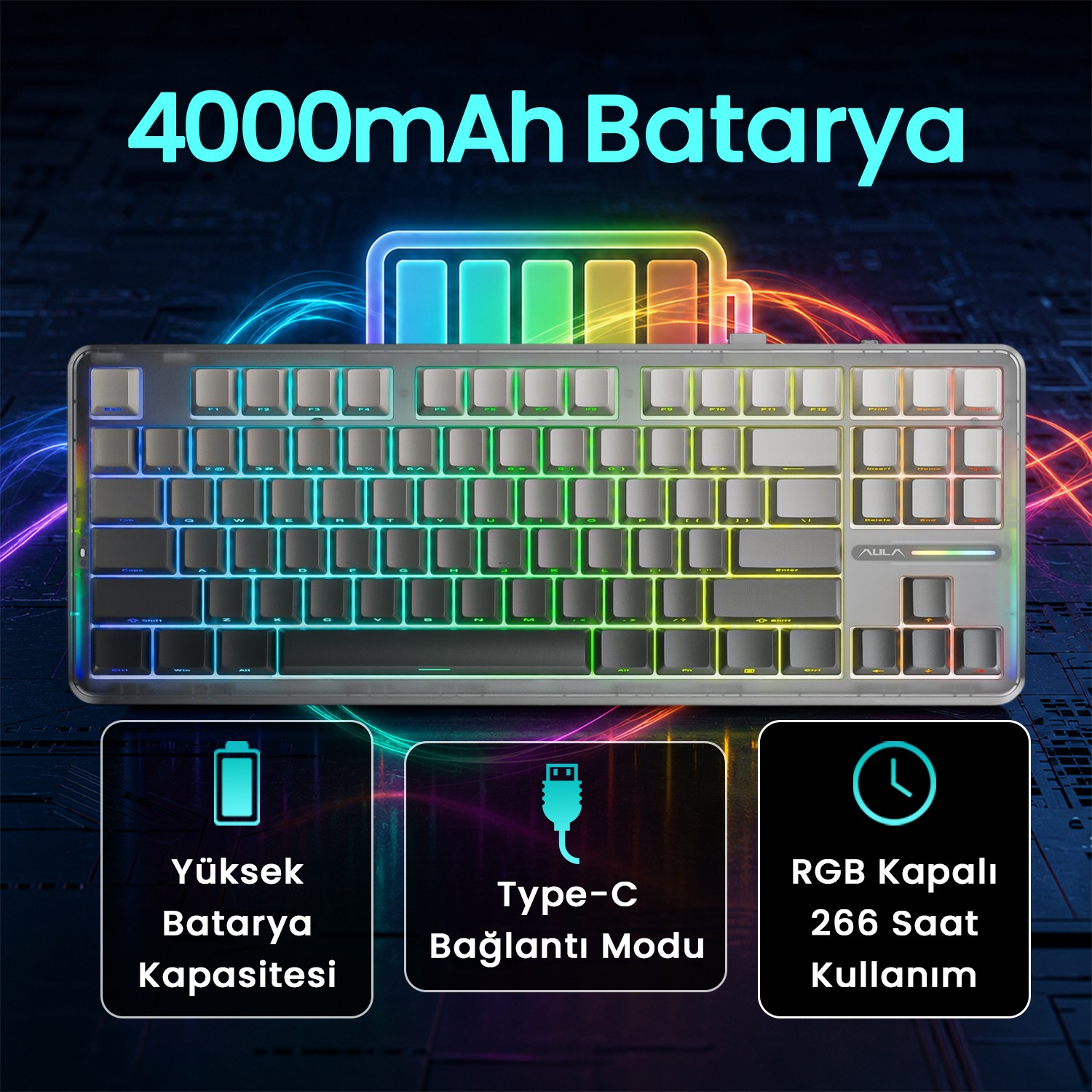 RGB aydınlatmalı klavye, 4000mAh Batarya yazısı ile.