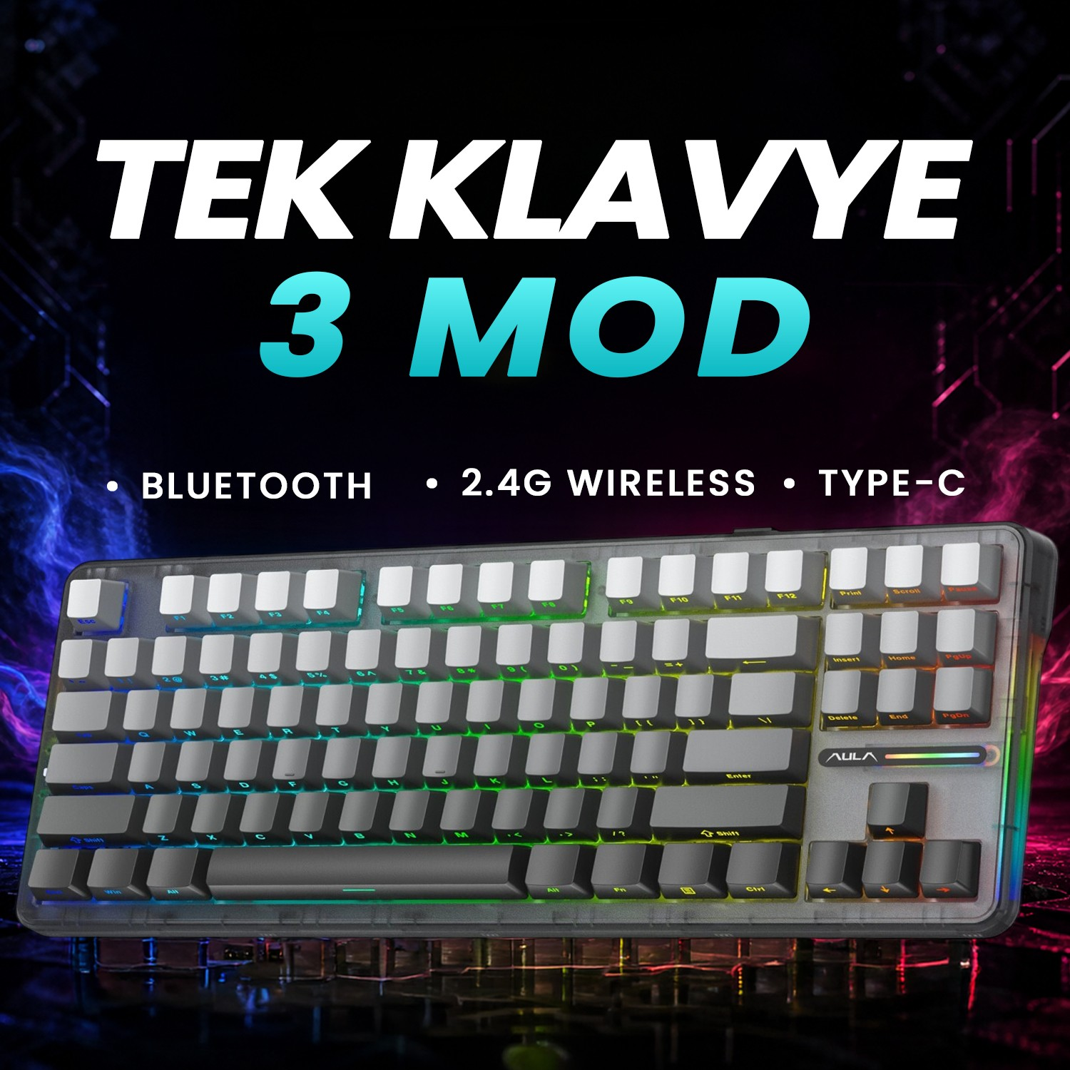 Tek Klavye 3 Mod klavye, Bluetooth, 2.4G kablosuz ve Type-C bağlantılıdır.