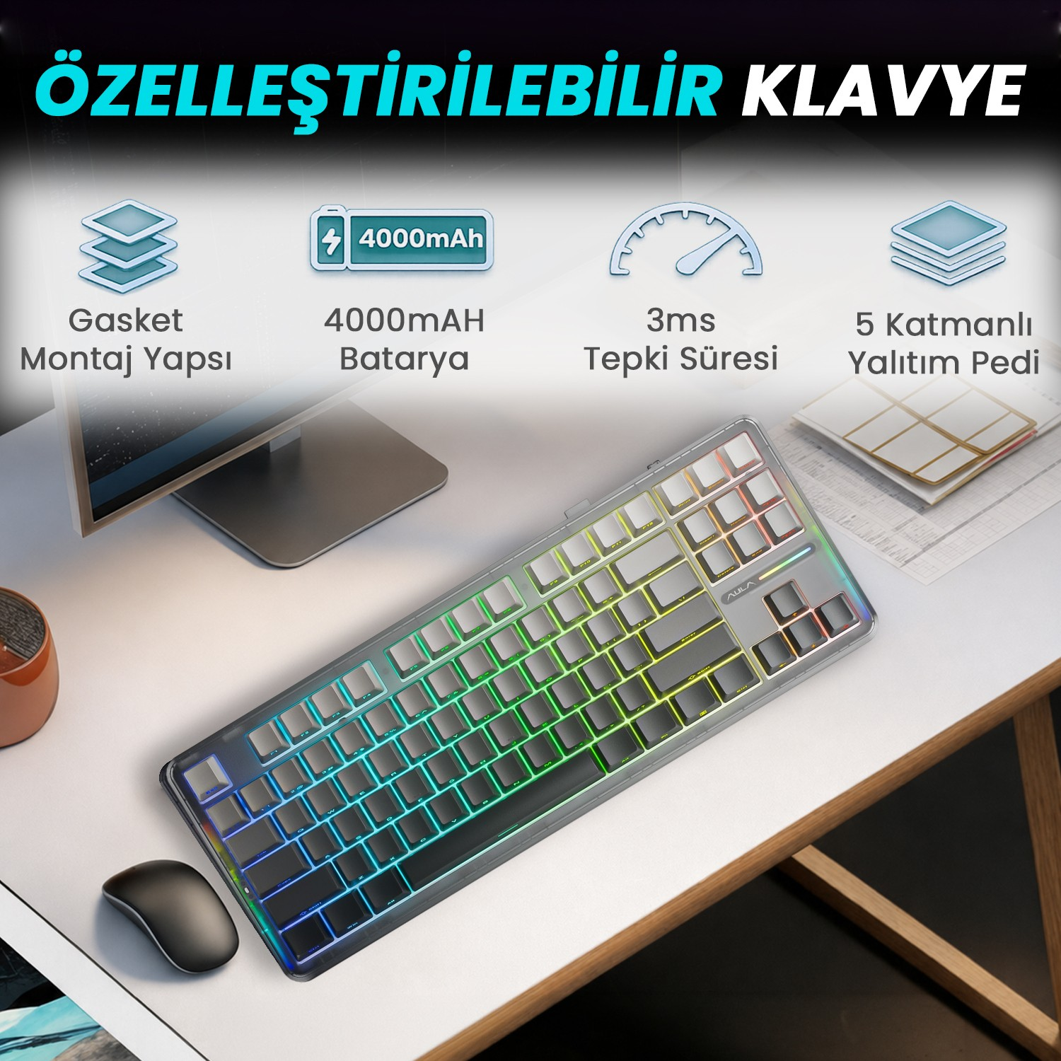 RGB aydınlatmalı, özelleştirilebilir klavye, fare, 4000mAh pil ve conta montajlı.