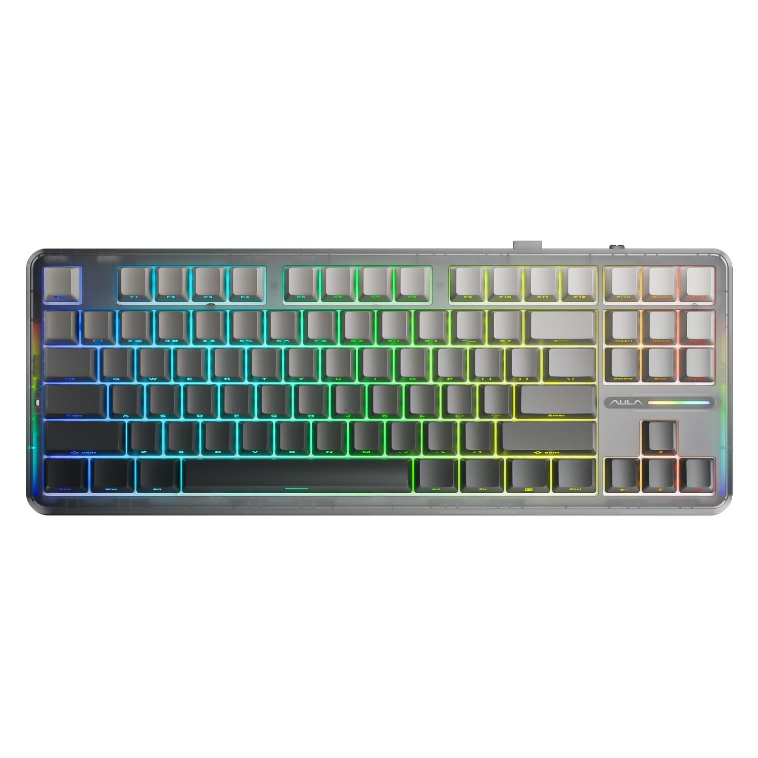 Tuşlar arasında geçiş yapan RGB aydınlatmalı gri bir klavye.