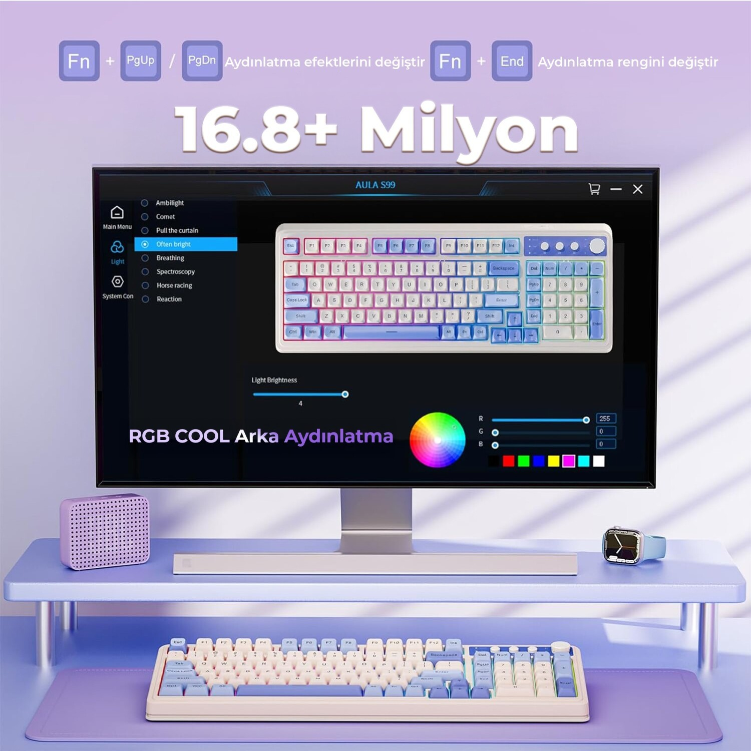RGB seçenekli klavye yazılımı gösteren monitörlü masaüstü kurulumu.