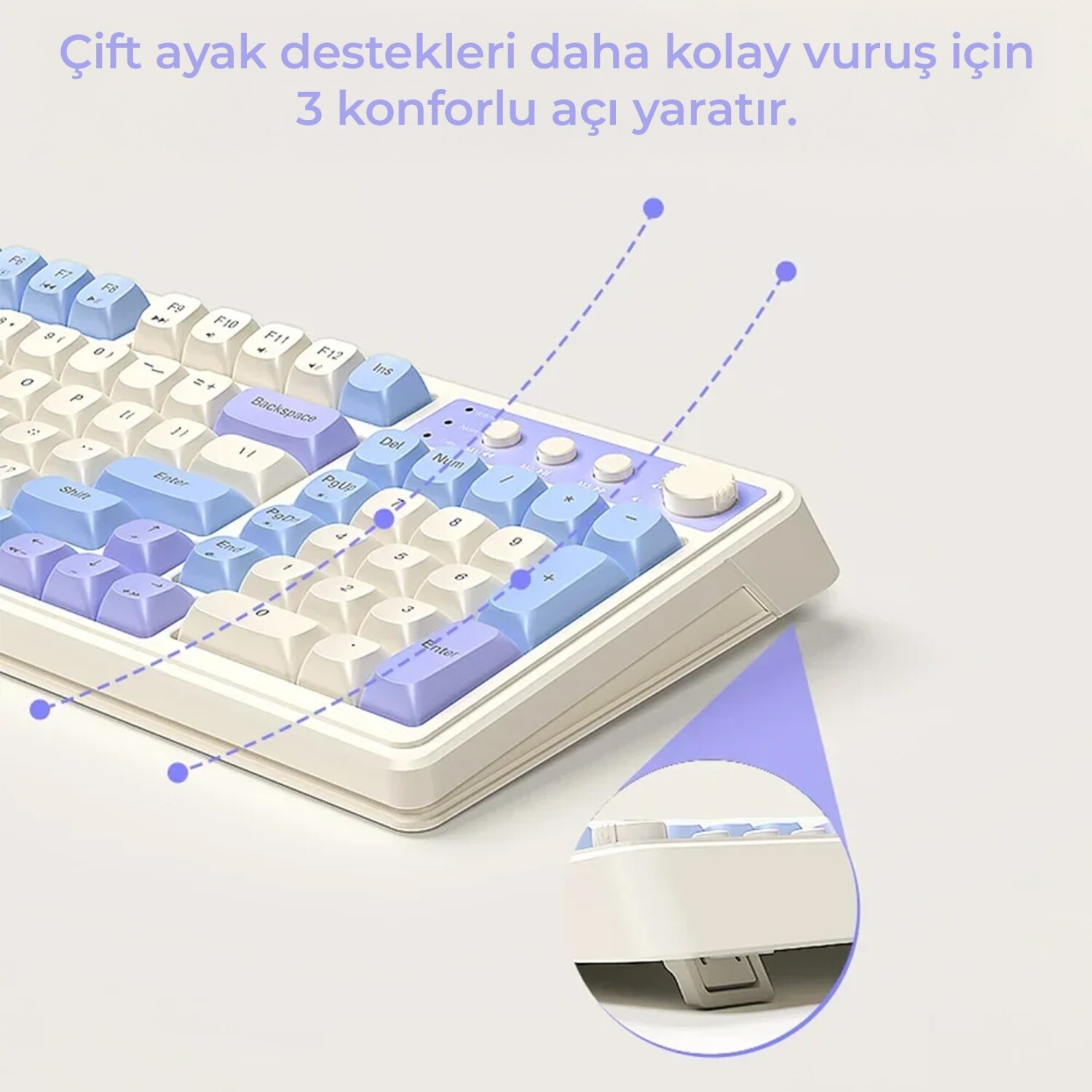 Üç açı sunan renkli tuşlu ve katlanabilir ayaklı klavye.