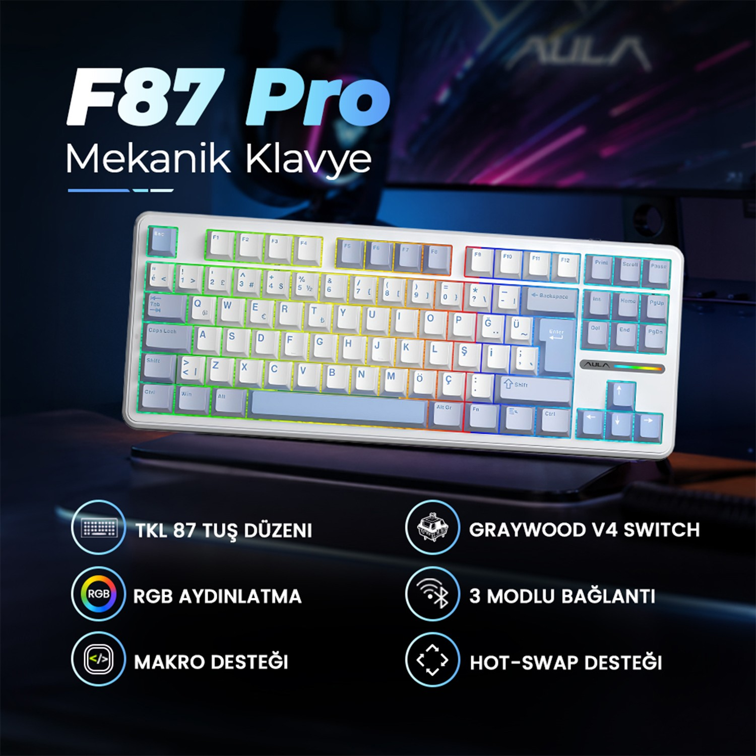 RGB aydınlatmalı, Türkçe tuş takımlı beyaz mekanik klavye.