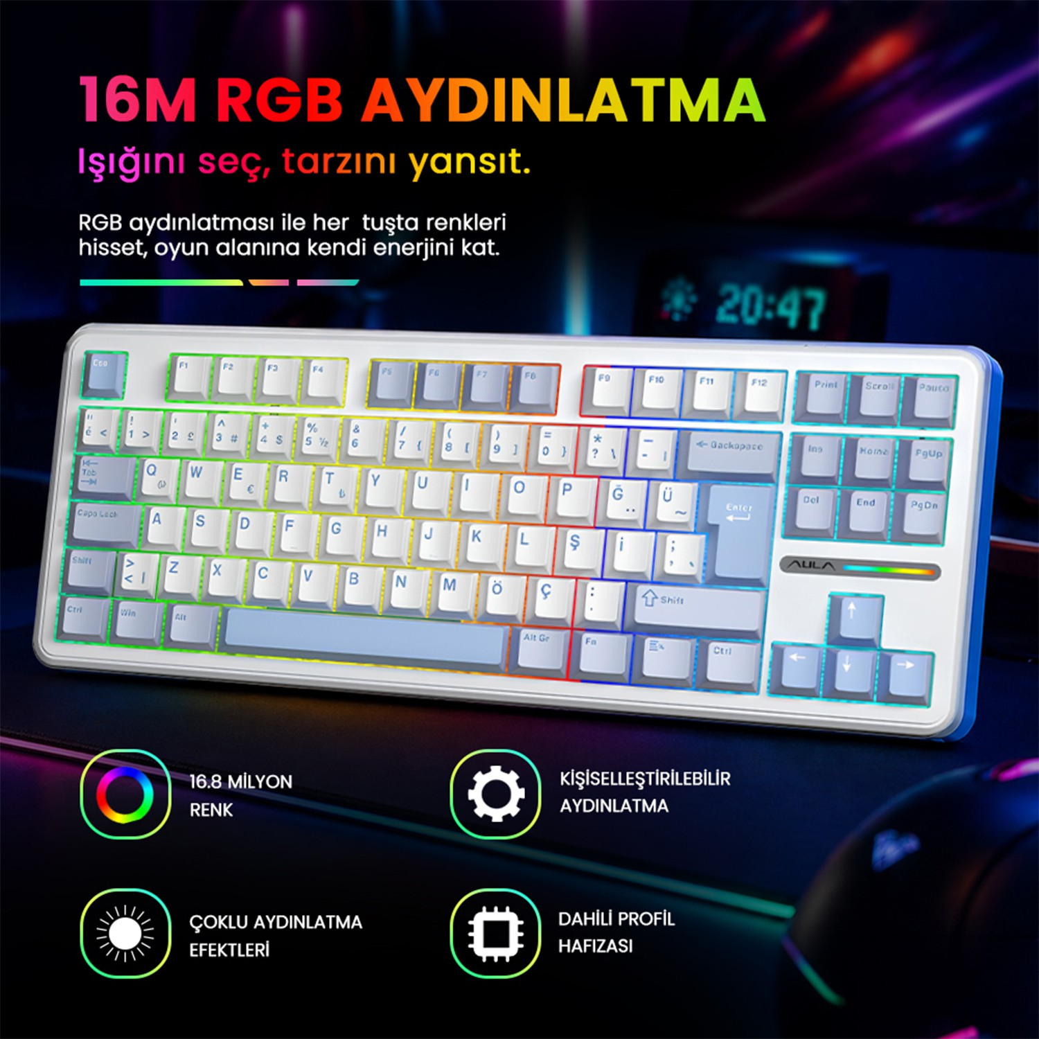 16M renkli RGB aydınlatmalı beyaz oyuncu klavyesi, Türkçe tuş takımı.