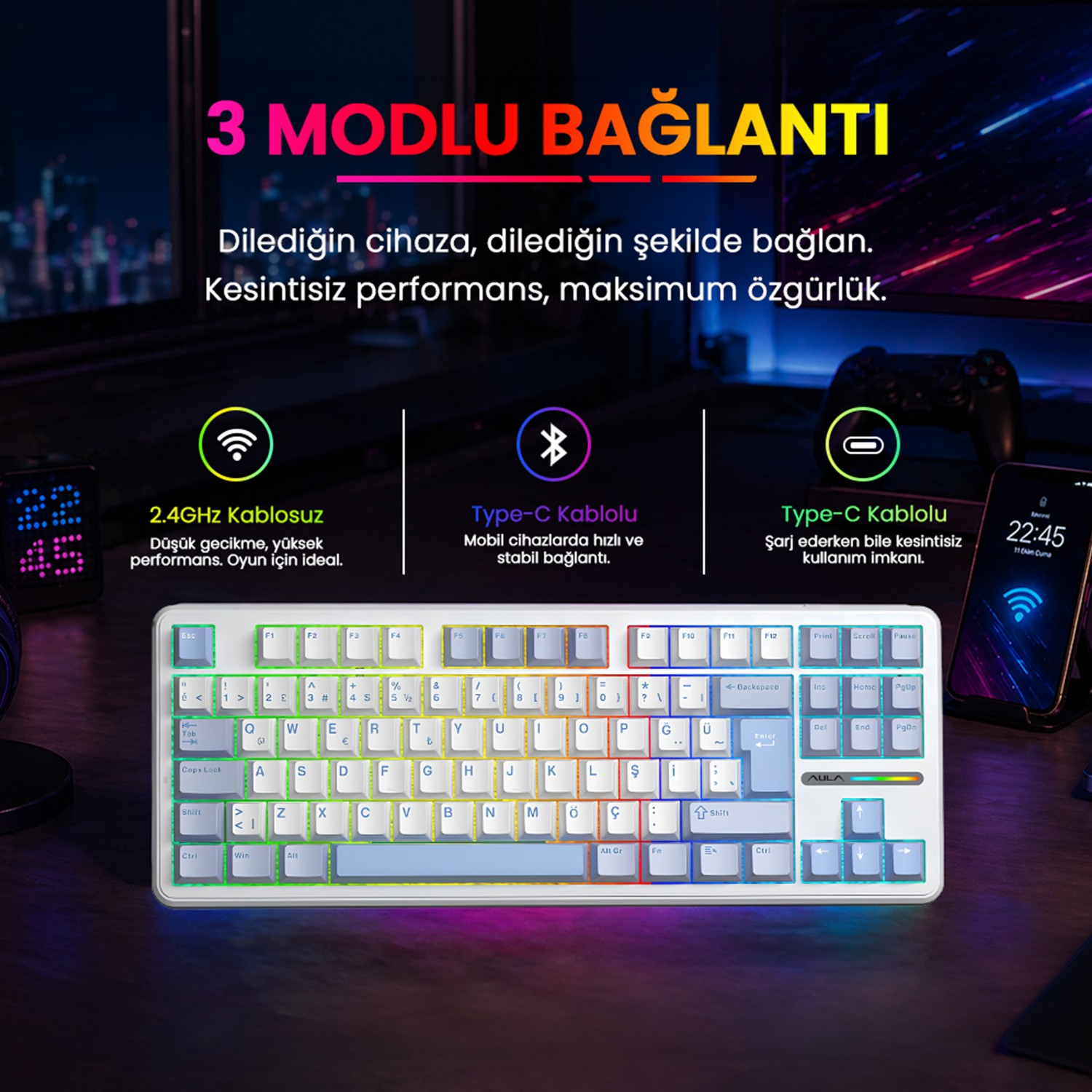 RGB aydınlatmalı beyaz bir klavye, üç bağlantı seçeneğiyle tanıtılıyor.
