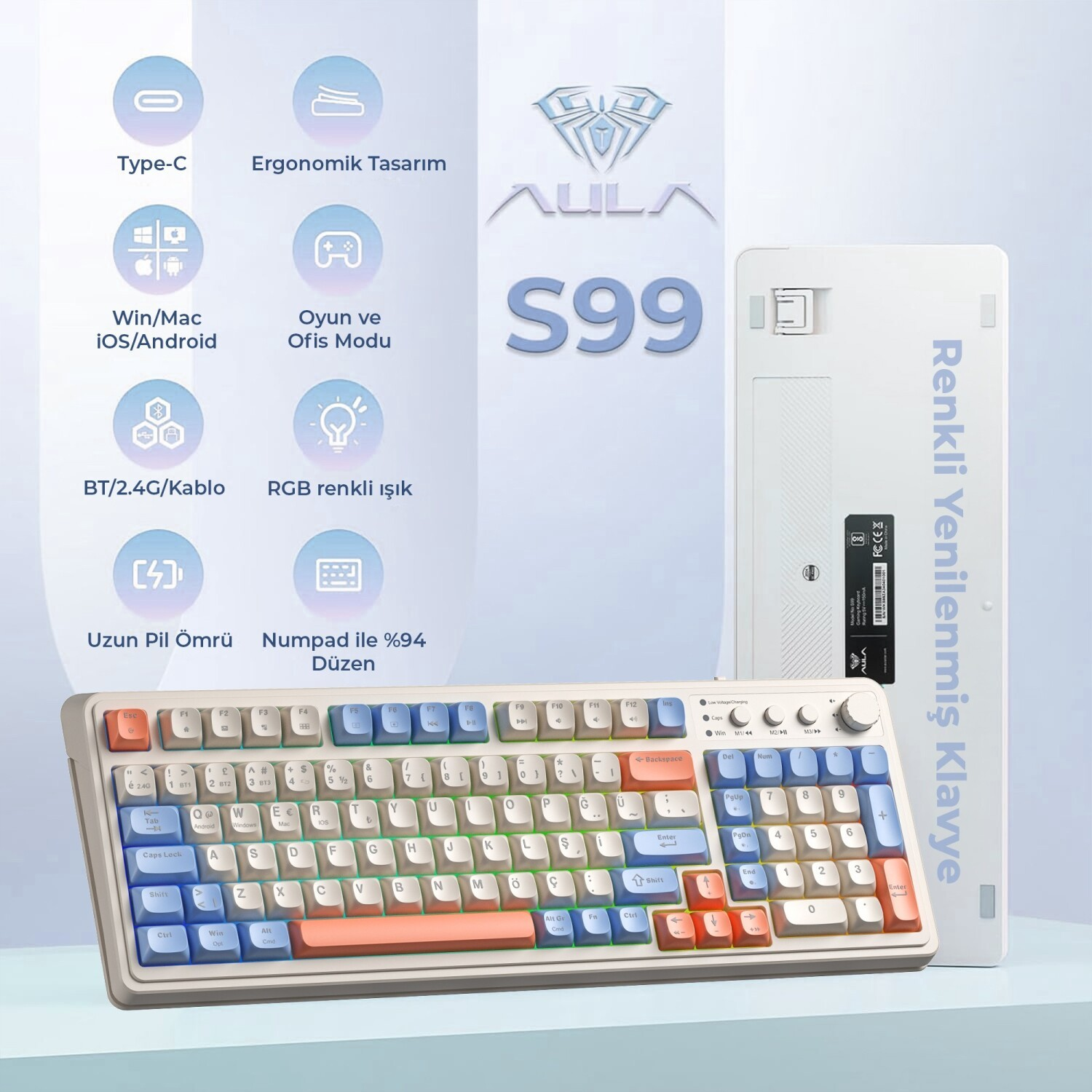 RGB aydınlatmalı ve numerik tuş takımına sahip beyaz ve renkli mekanik klavye.
