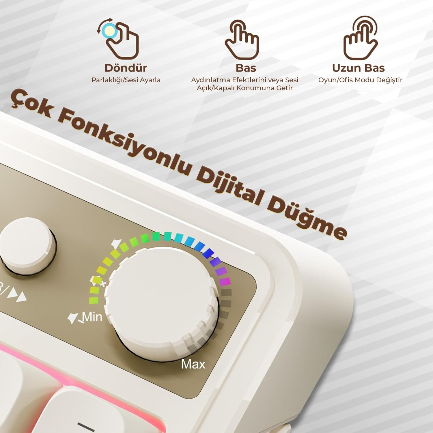 Gökkuşağı LED'li, Min/Max etiketli, döndürme, basma ve uzun basma fonksiyon simgeli beyaz döner düğme.