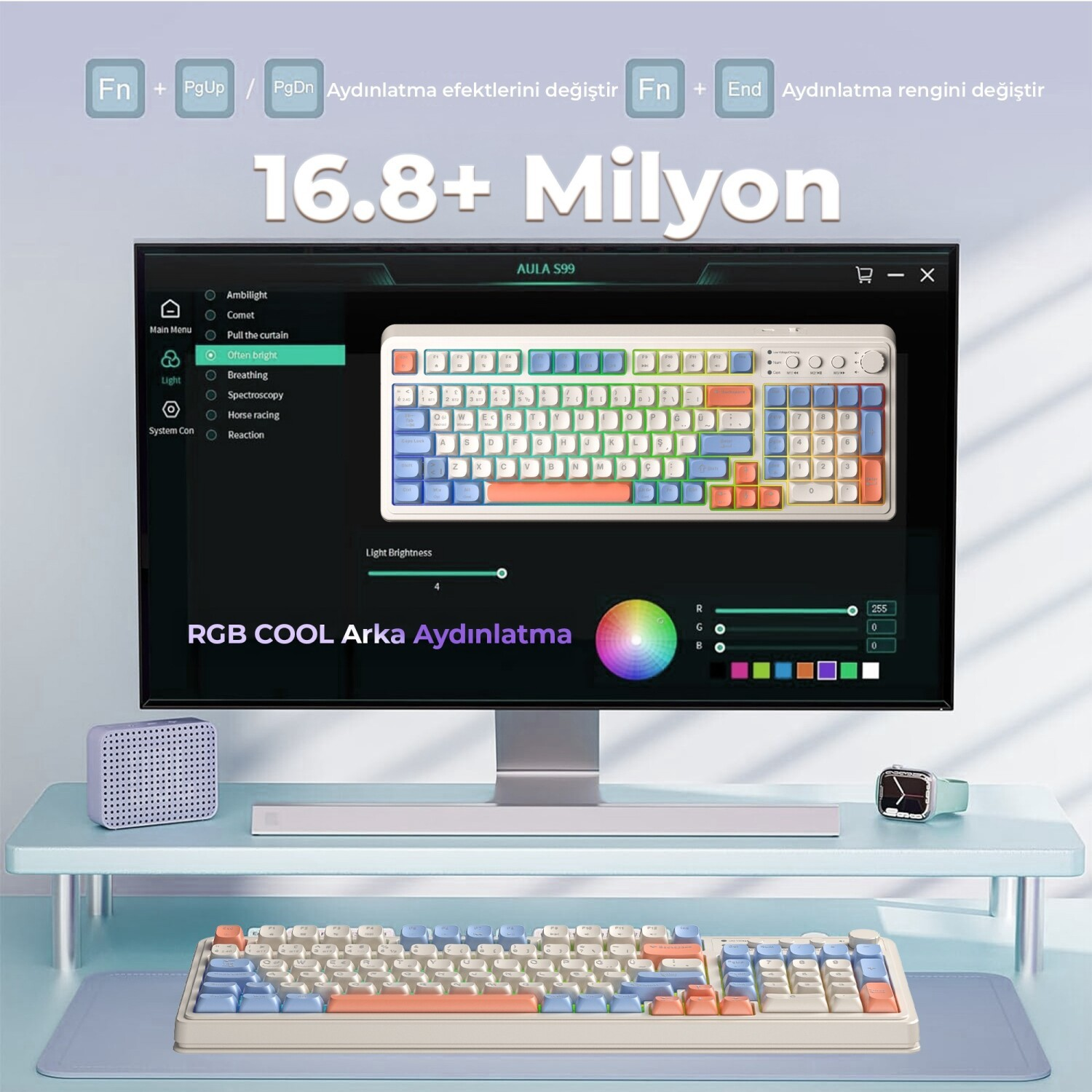 Bir bilgisayar ekranı RGB seçenekleriyle klavye yapılandırma yazılımı gösteriyor.