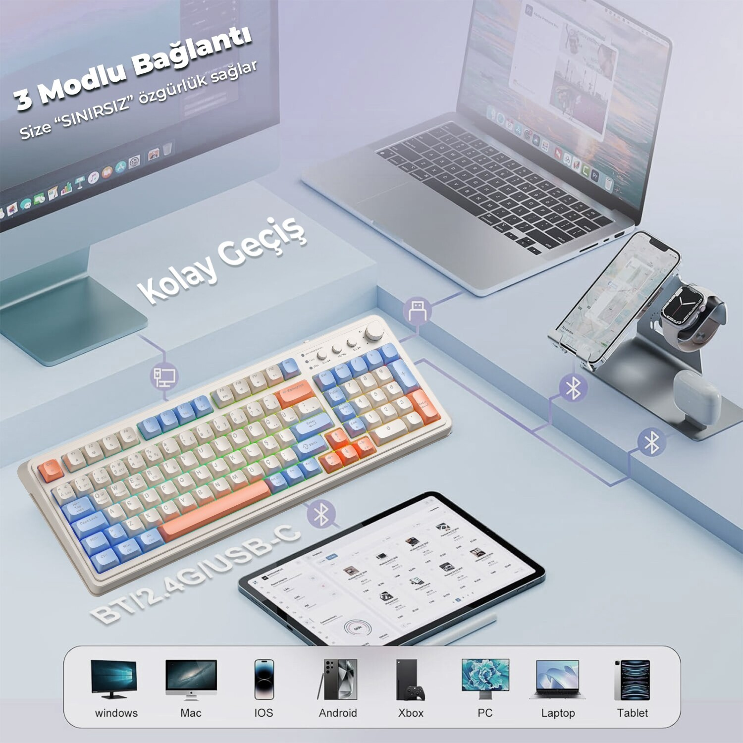 Klavye, dizüstü bilgisayar, tablet, akıllı telefon ve akıllı saatli masaüstü kurulumu.