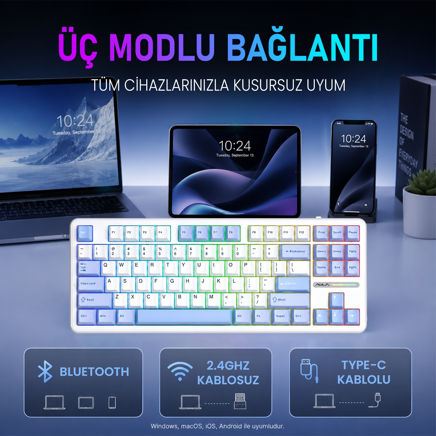 Laptop, tablet ve akıllı telefonla gösterilen beyaz RGB klavye.