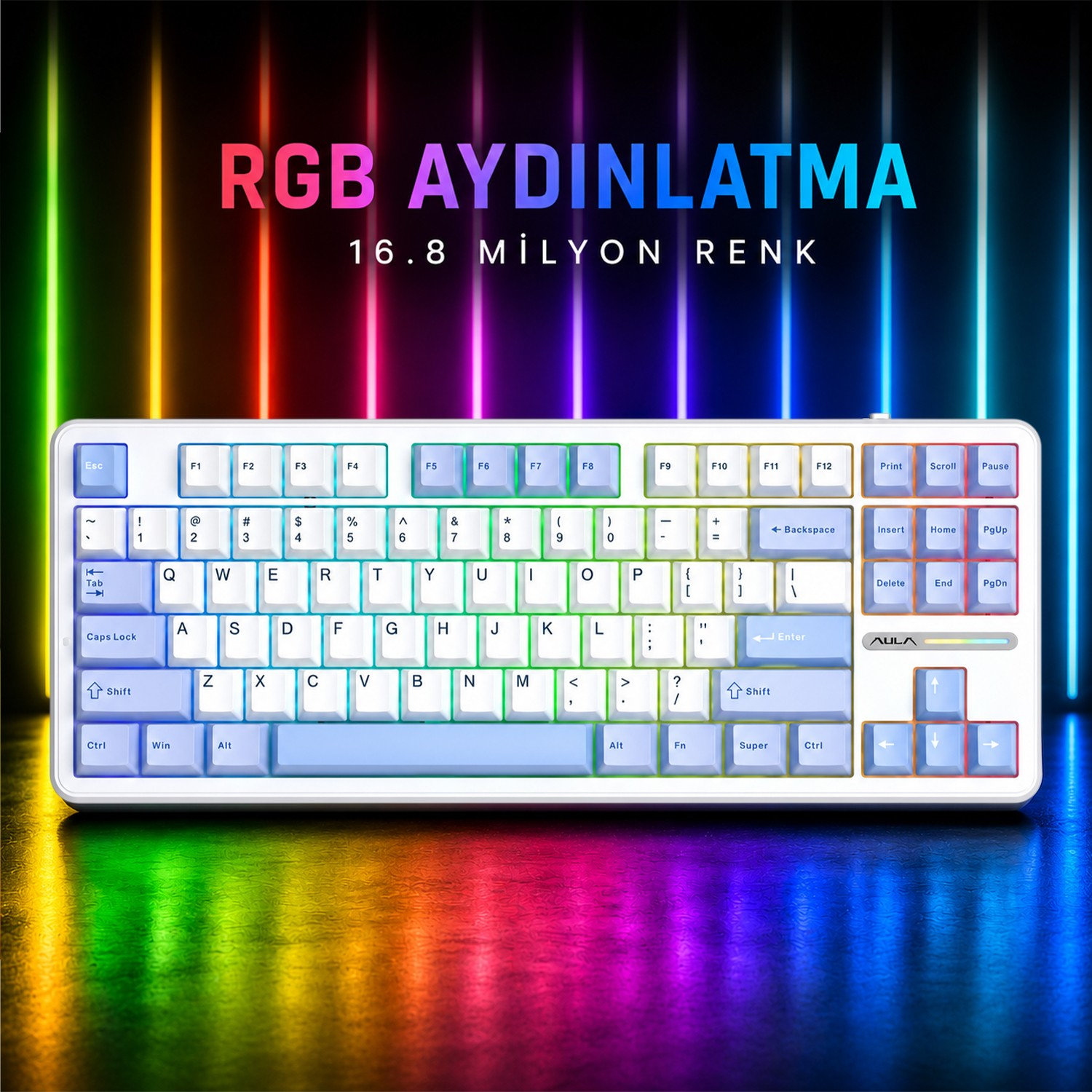 Turkuaz aydınlatmalı ve gökkuşağı geçişli beyaz RGB klavye.