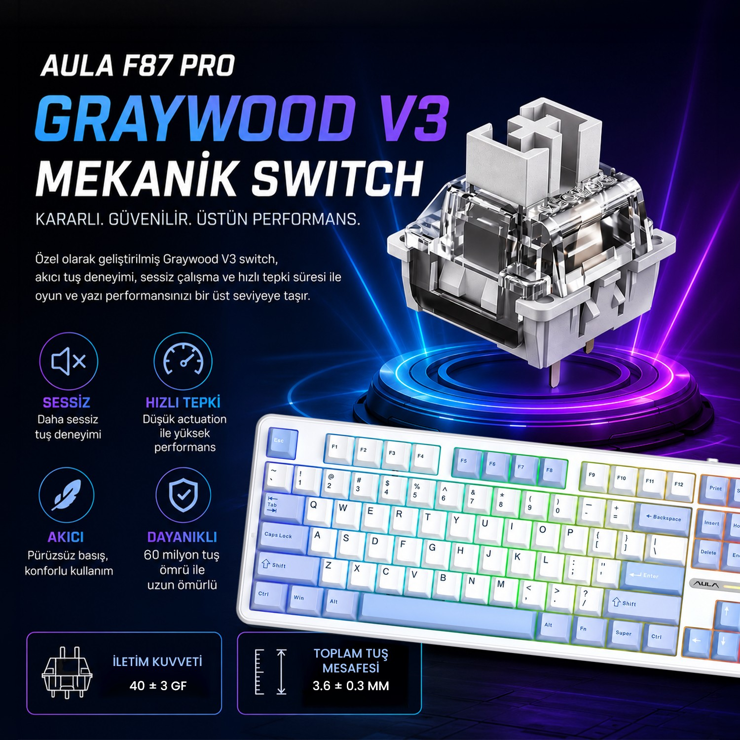 Bir AULA F87 PRO Graywood V3 mekanik anahtar, bir klavyenin üzerinde.