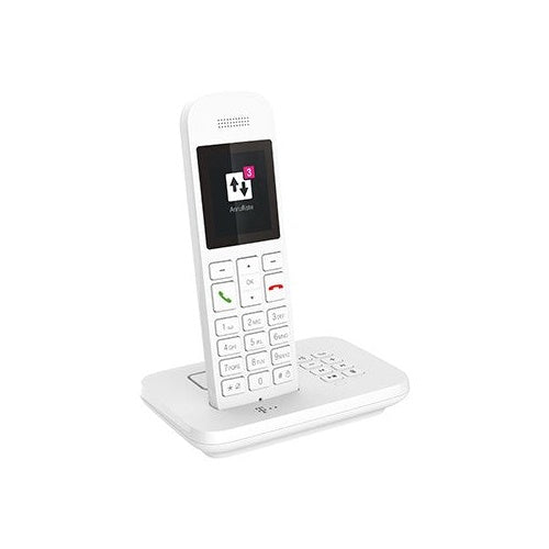 Een witte draadloze telefoon met knoppen en scherm op het laadstation.