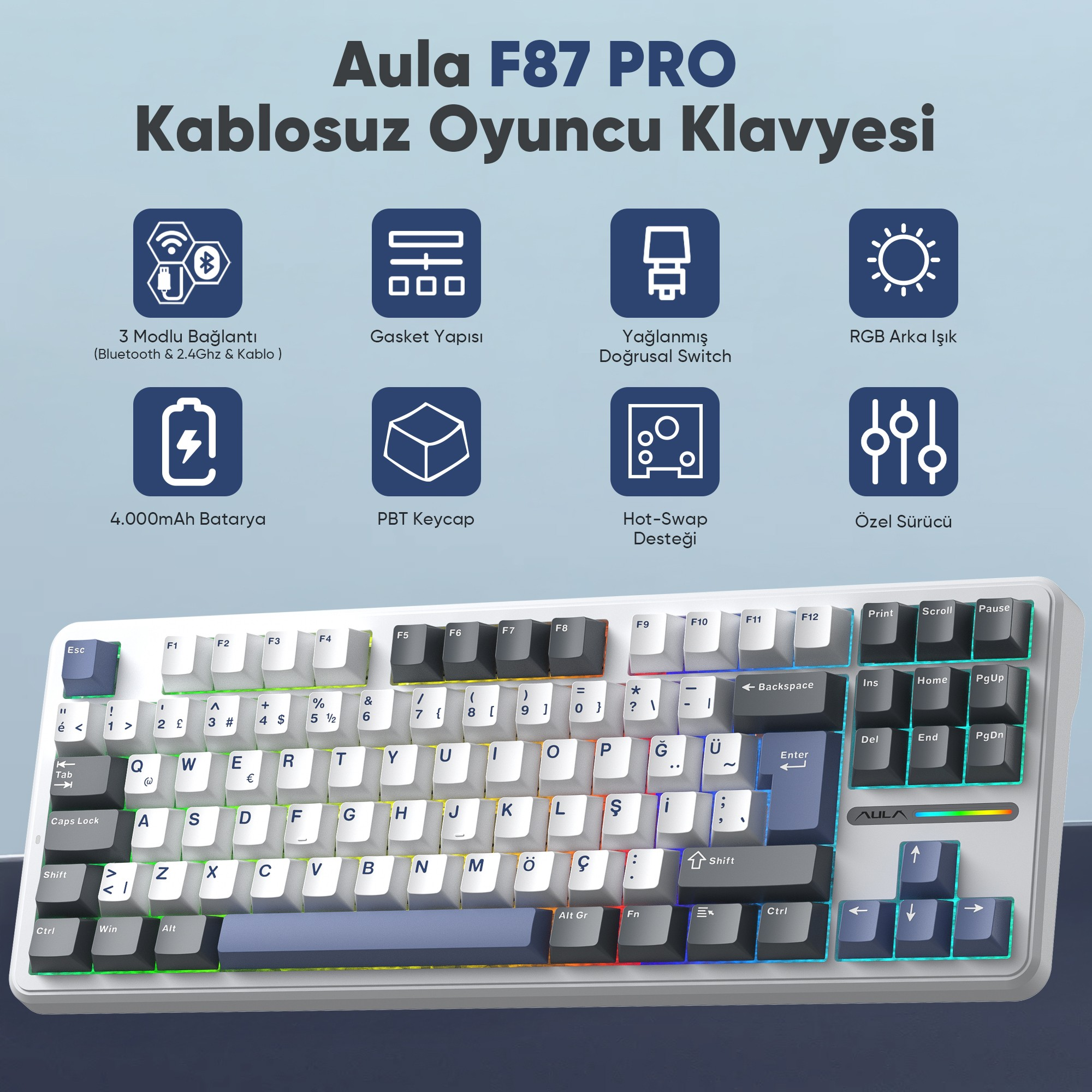 Aula F87 PRO klavye: RGB aydınlatmalı, Türkçe tuşlu, kablosuz beyaz model.