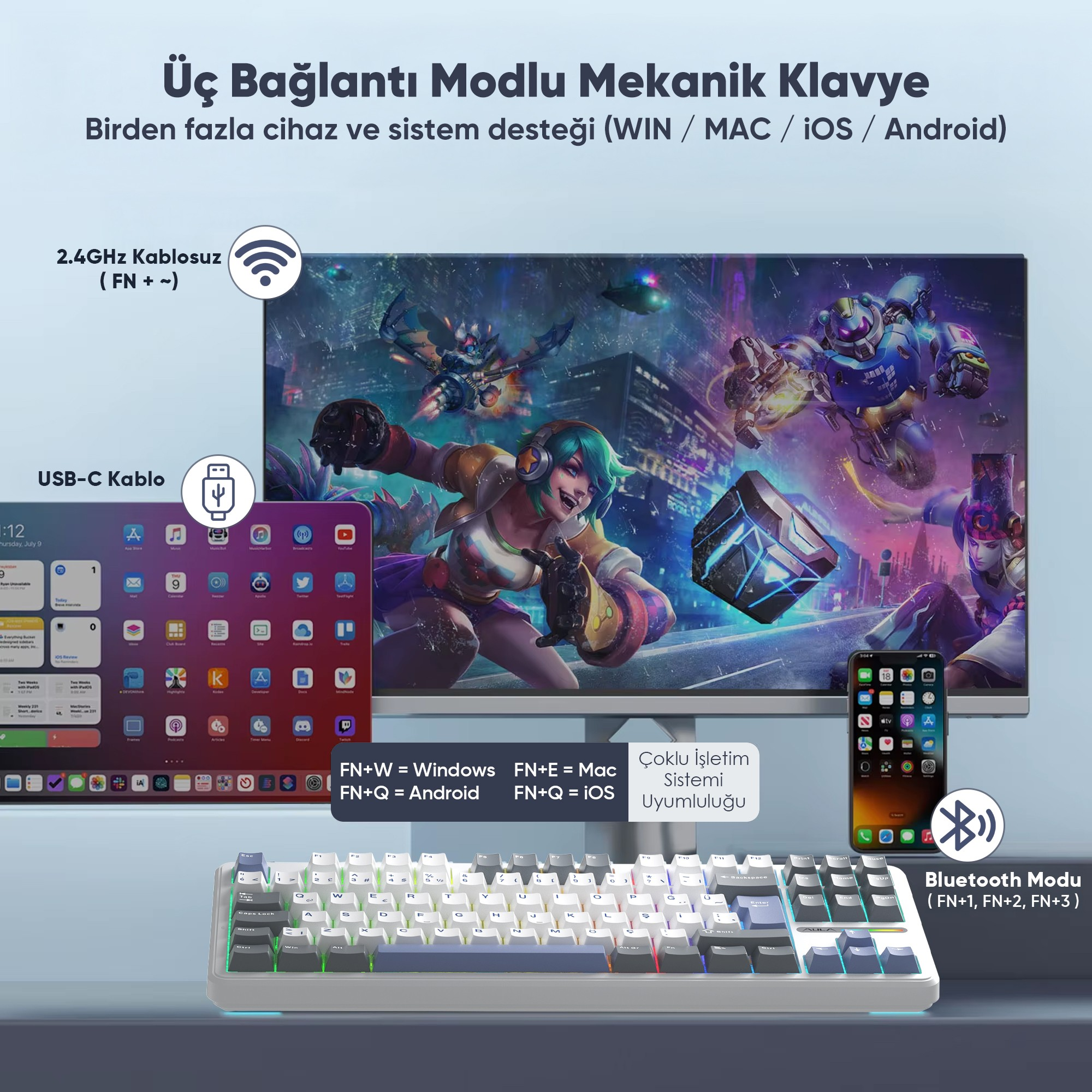 Üç bağlantı modlu mekanik klavye, tablet, telefon ve bilgisayar ile uyumlu.