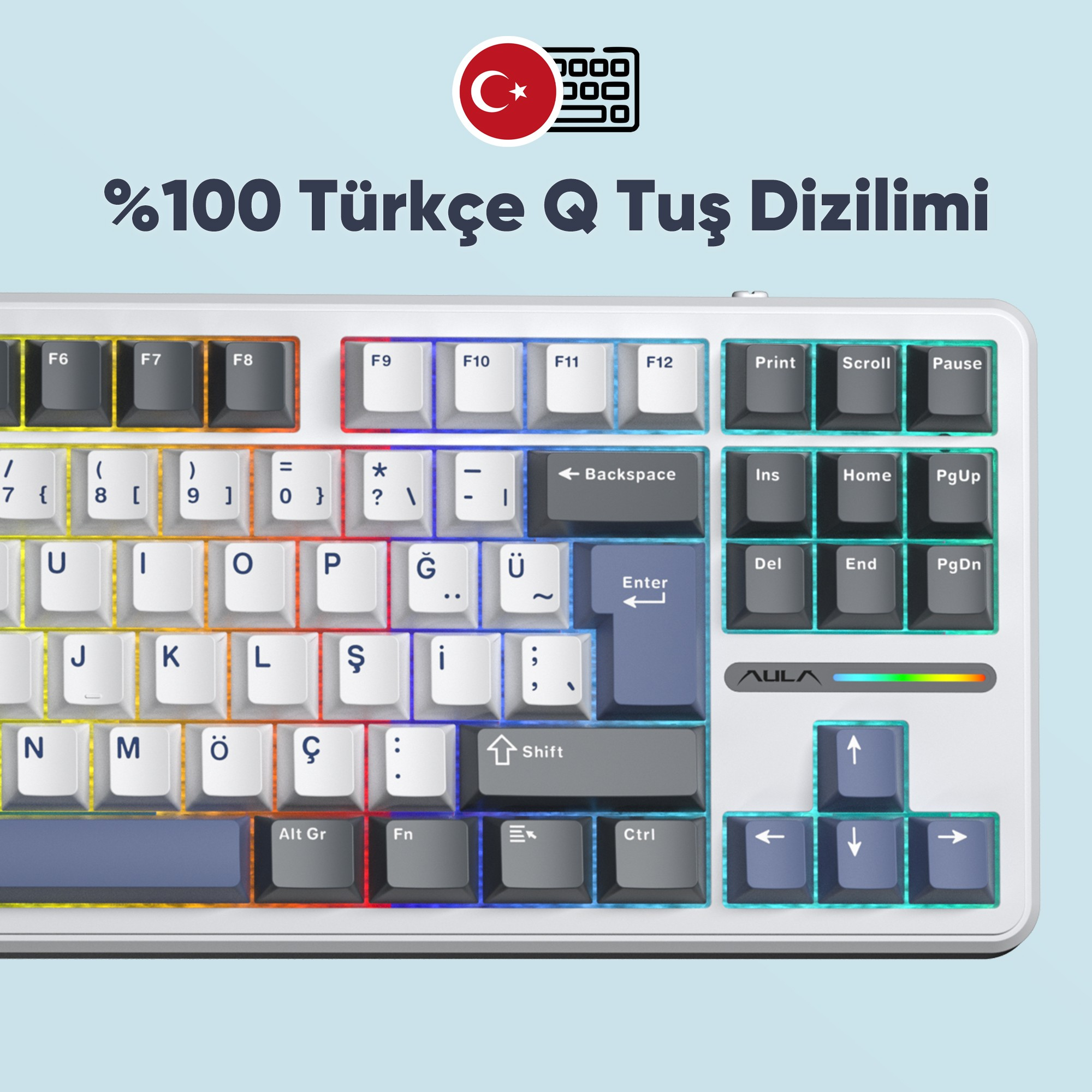 Türkçe Q dizilimli beyaz klavye ve RGB aydınlatma.
