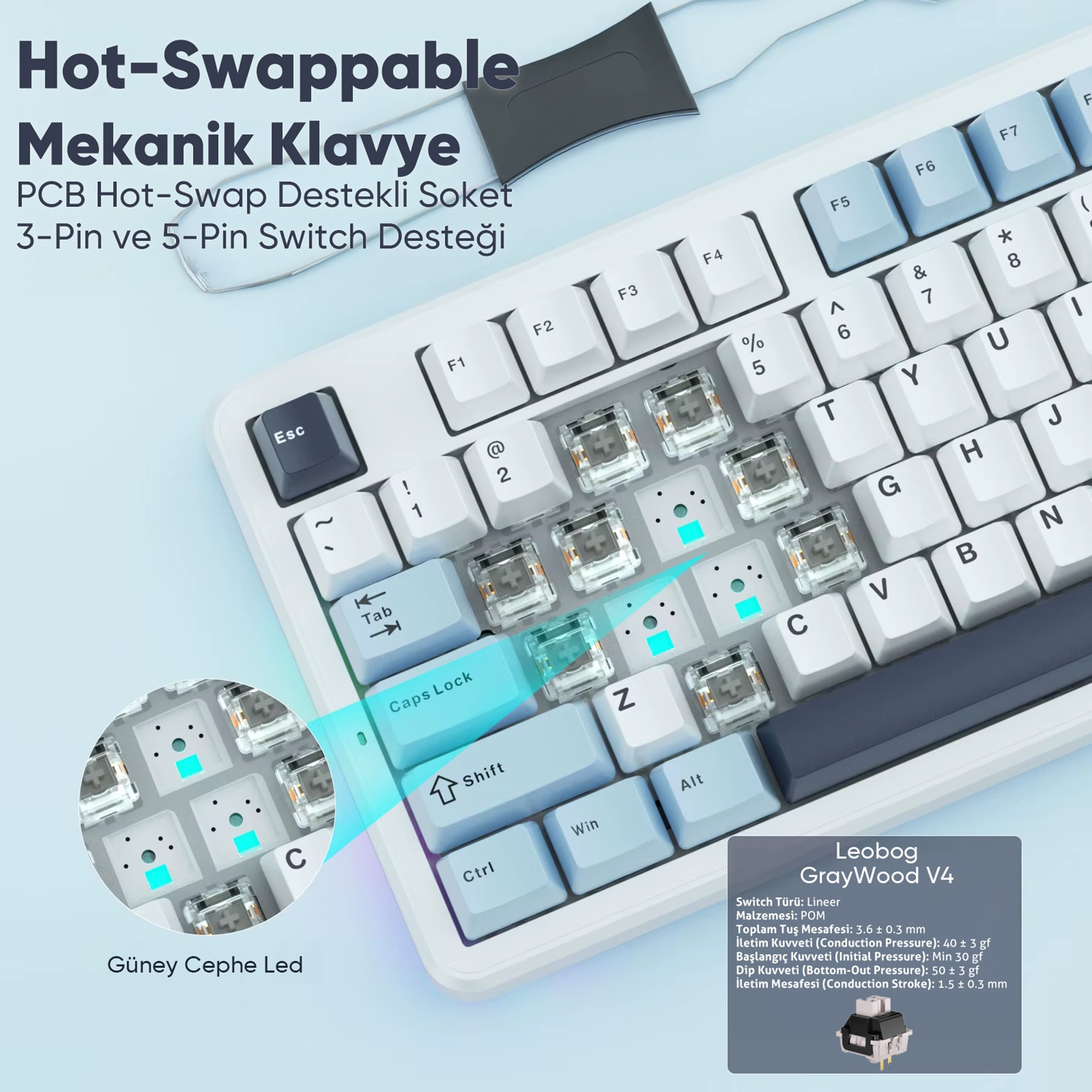 Şeffaf anahtarlı ve turkuaz vurgulu tuşlara sahip mekanik hot-swap klavye.