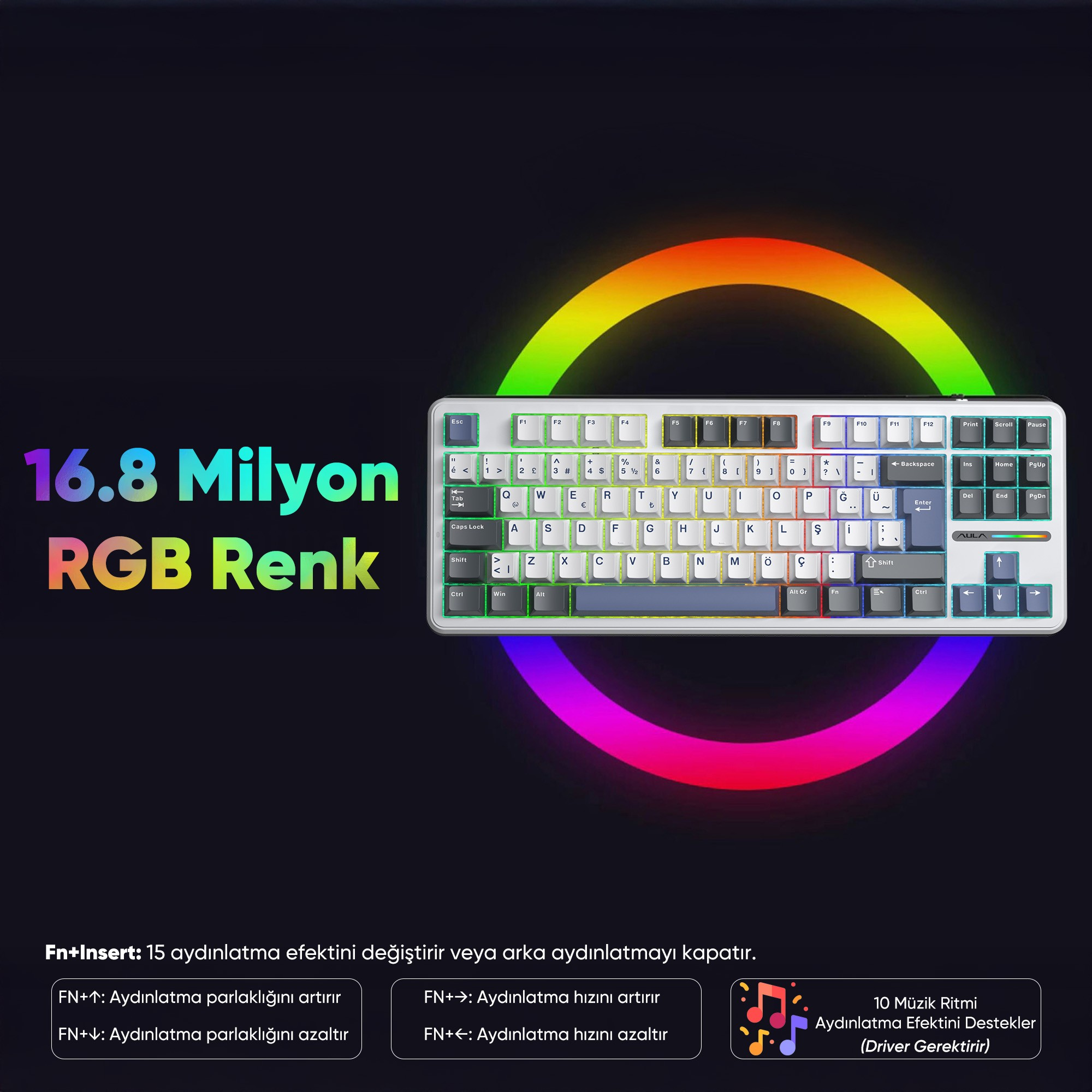 Gökkuşağı ışık efektli, RGB aydınlatmalı beyaz klavye.