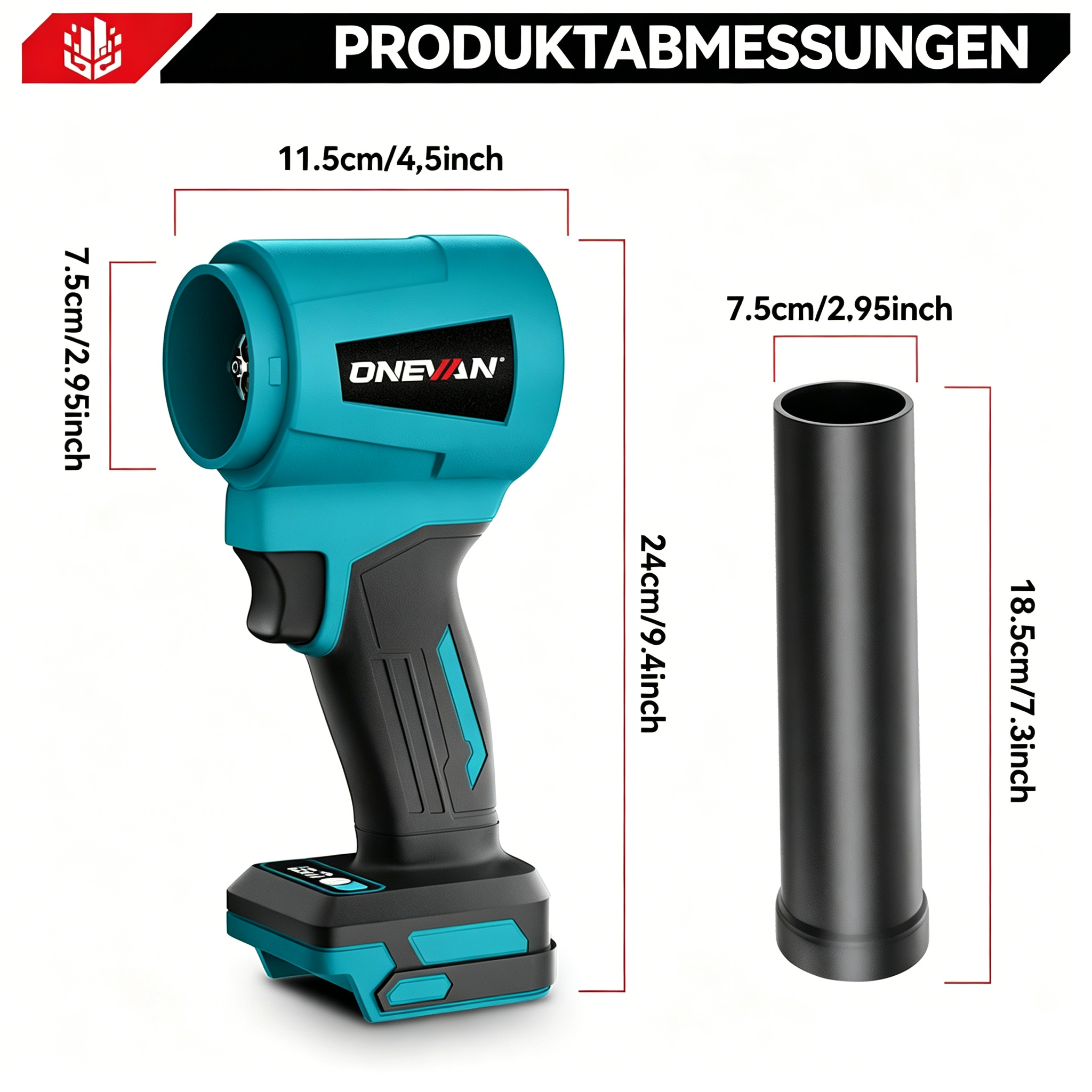 Ein blau-schwarzer Handstaubsauger mit Zubehör und Maßangaben.