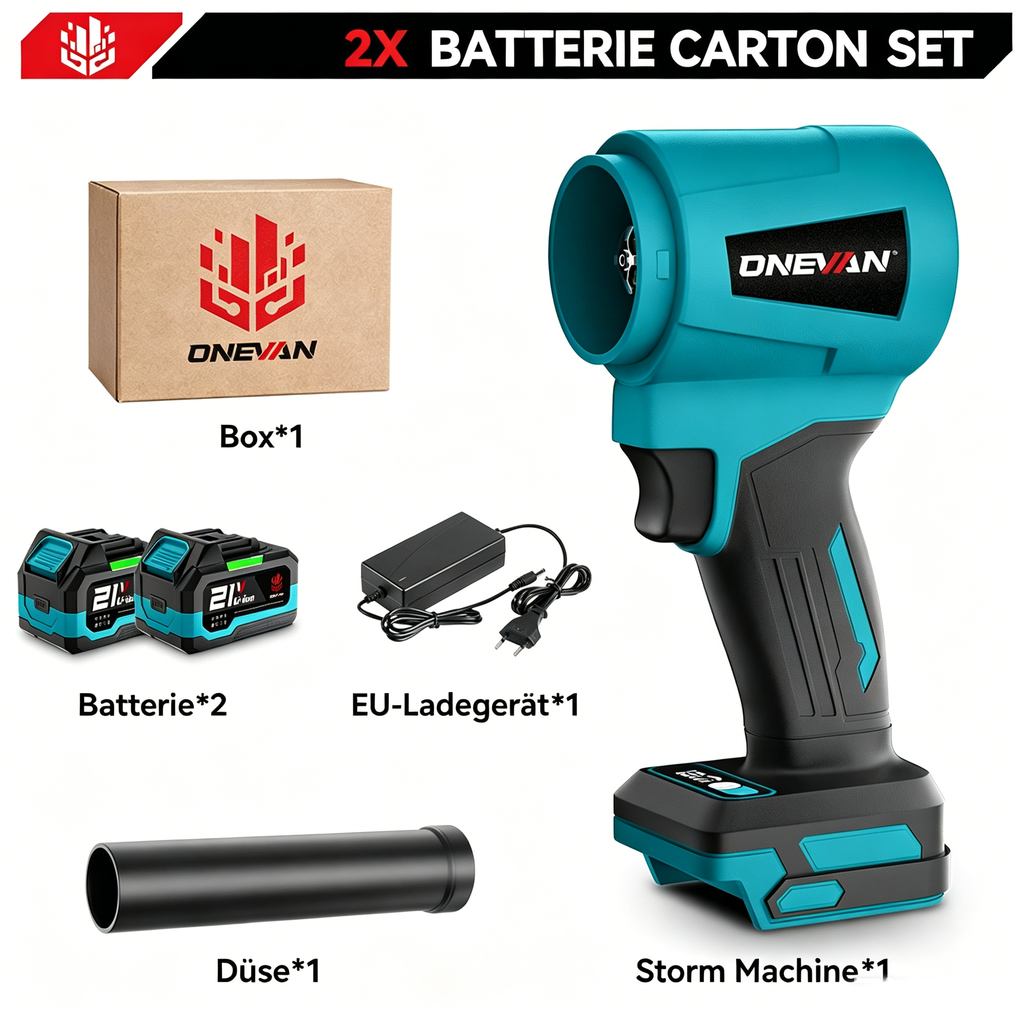Ein tealfarbenes Sturmgerät mit Zubehör: Box, zwei Batterien, Ladegerät, Düse.